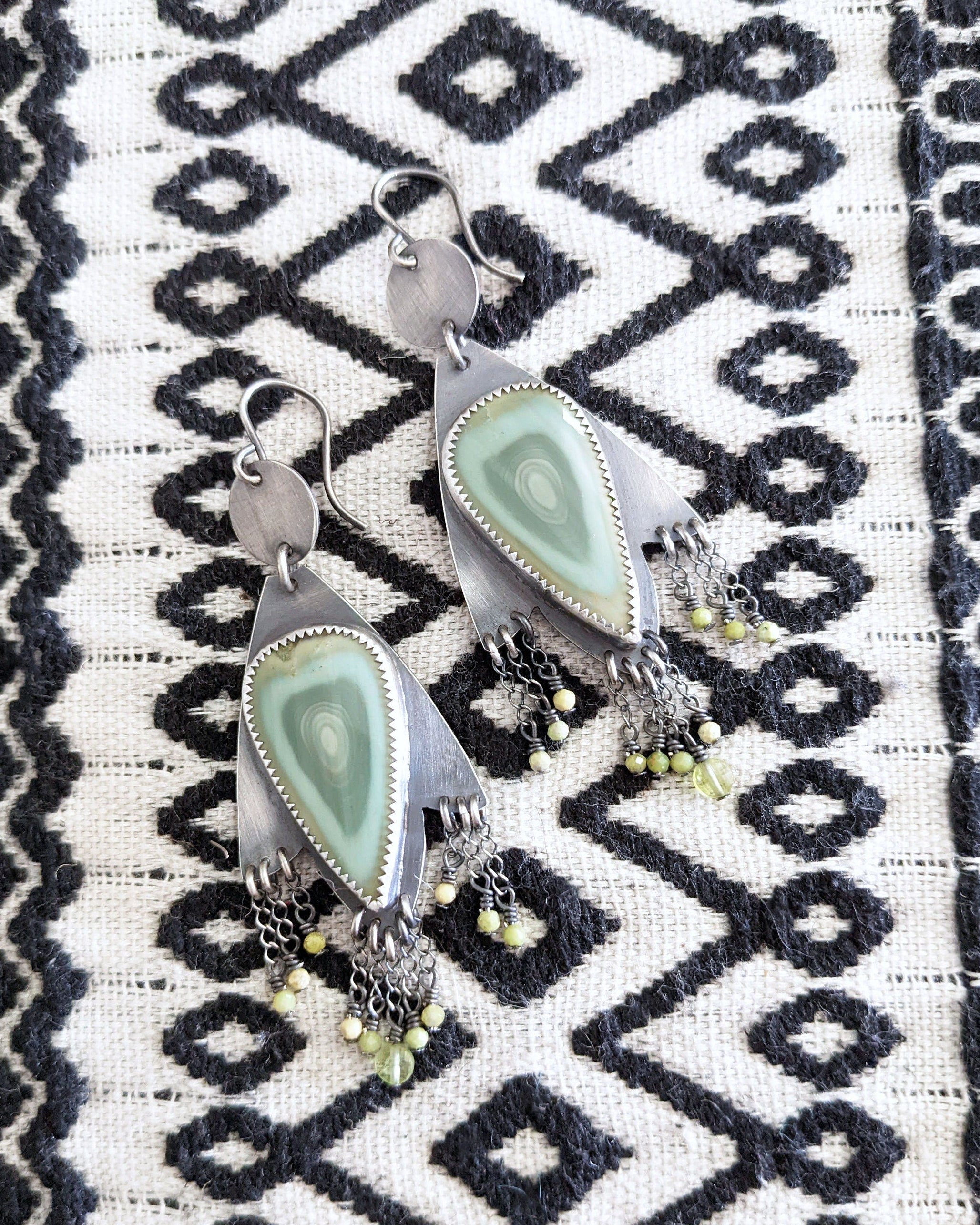 Statement imperial jasper earrings with gemstone fringe and artisan silverwork