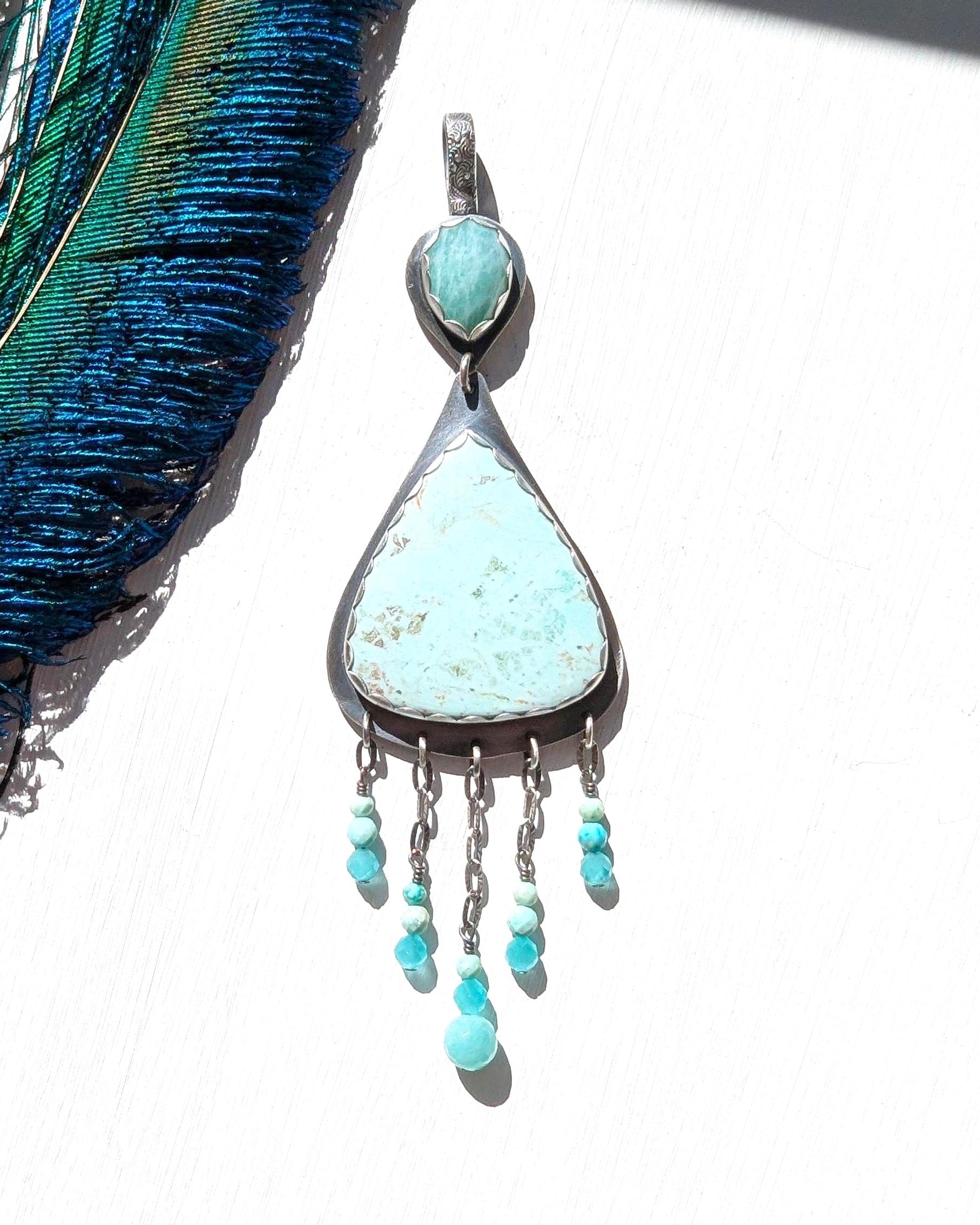 Aqua gemstone pendant with rose cut amazonite bail