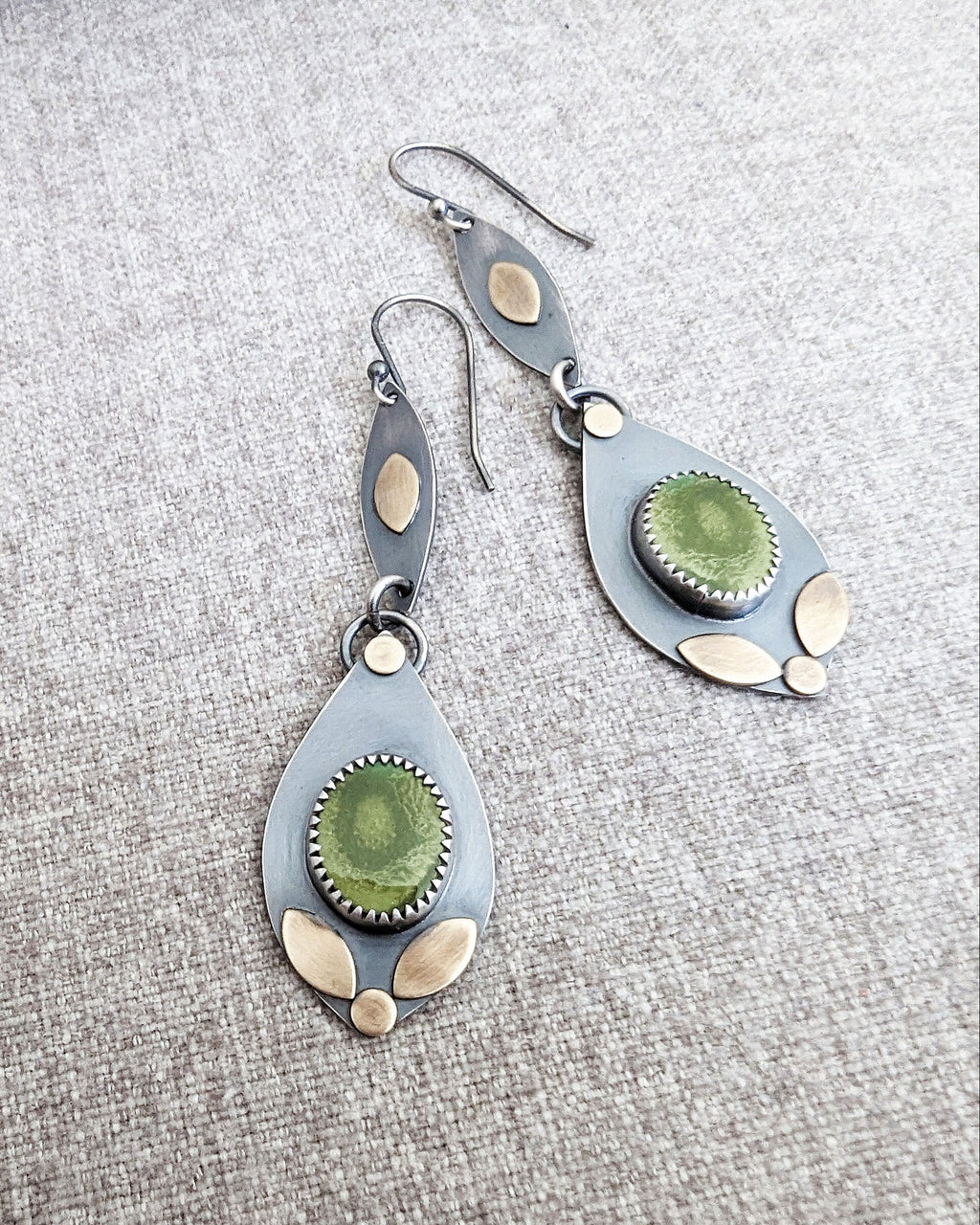 Boho dangle earrings featuring Tibetan turquoise and warm brass accents