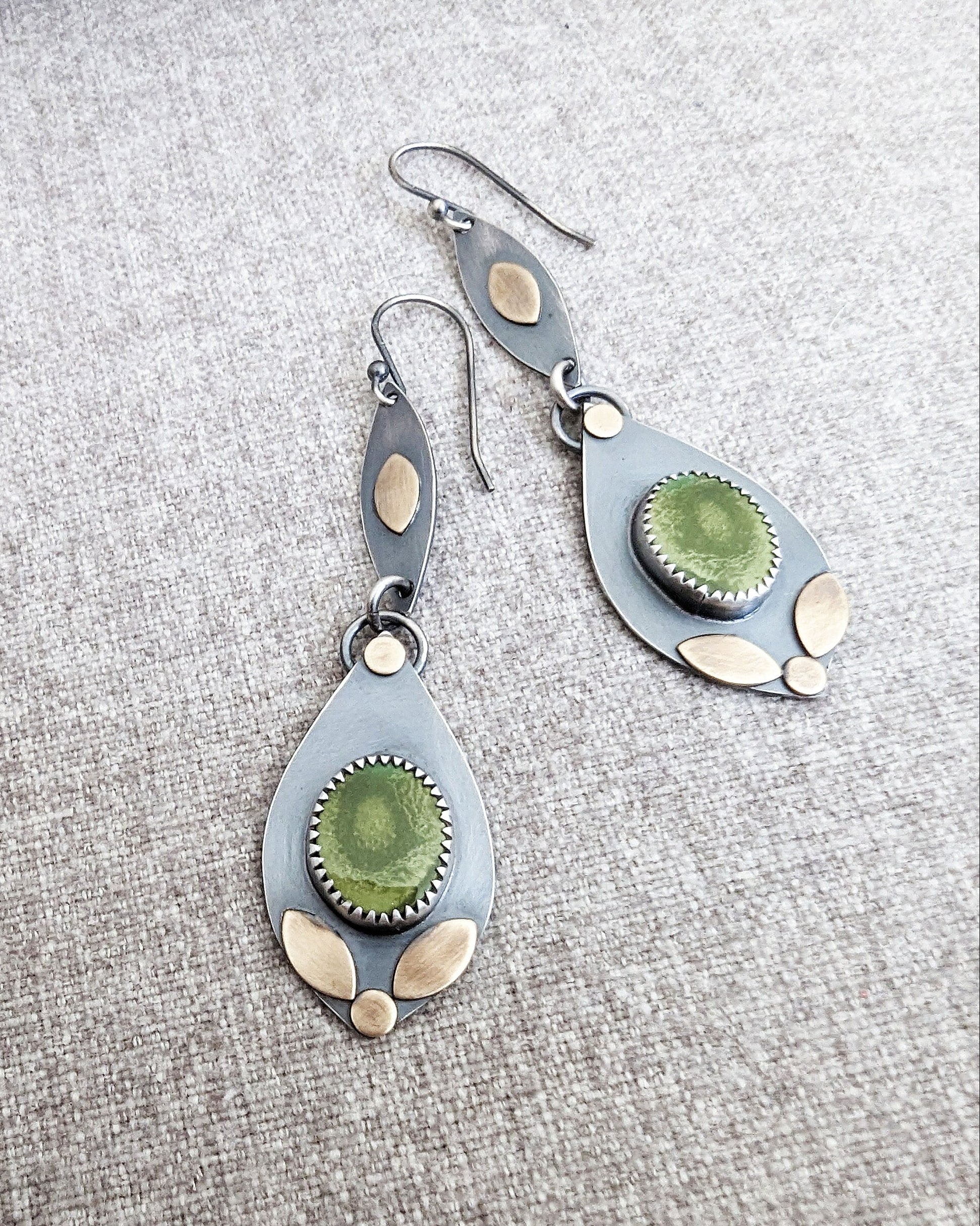 Boho dangle earrings featuring Tibetan turquoise and warm brass accents