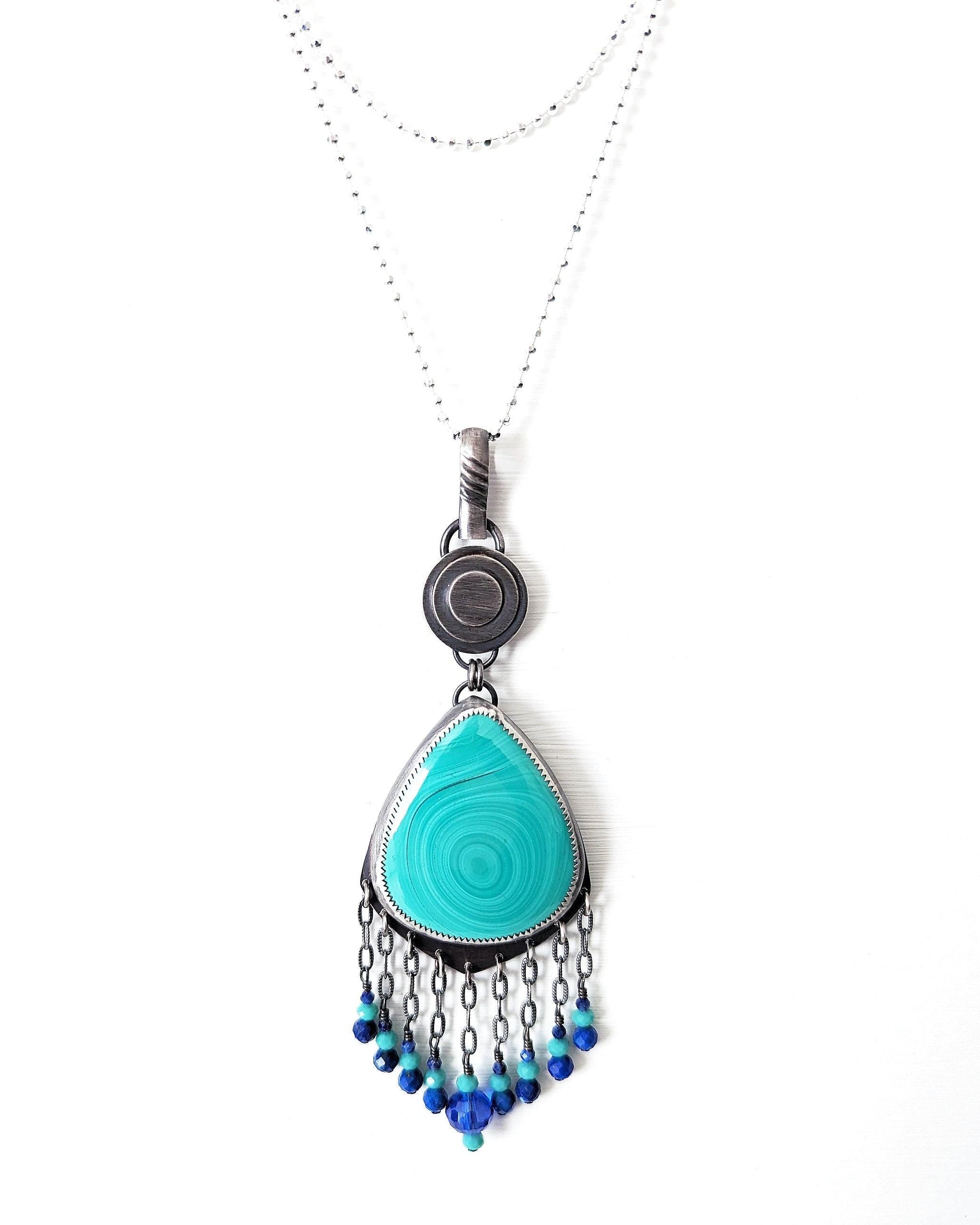oxidized sterling silver malachite pendant with gemstone accent details shown on chain (not included)
