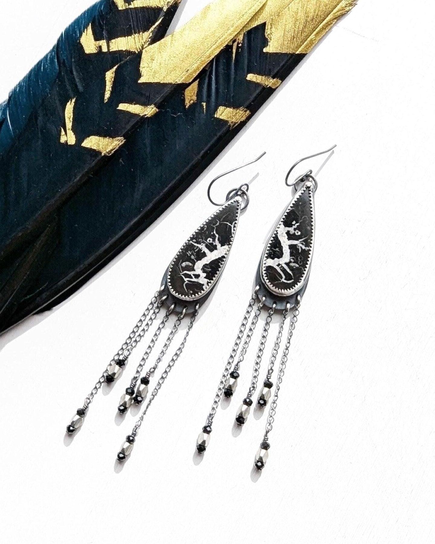 Septarian fossil pear-shaped earrings in oxidized sterling silver