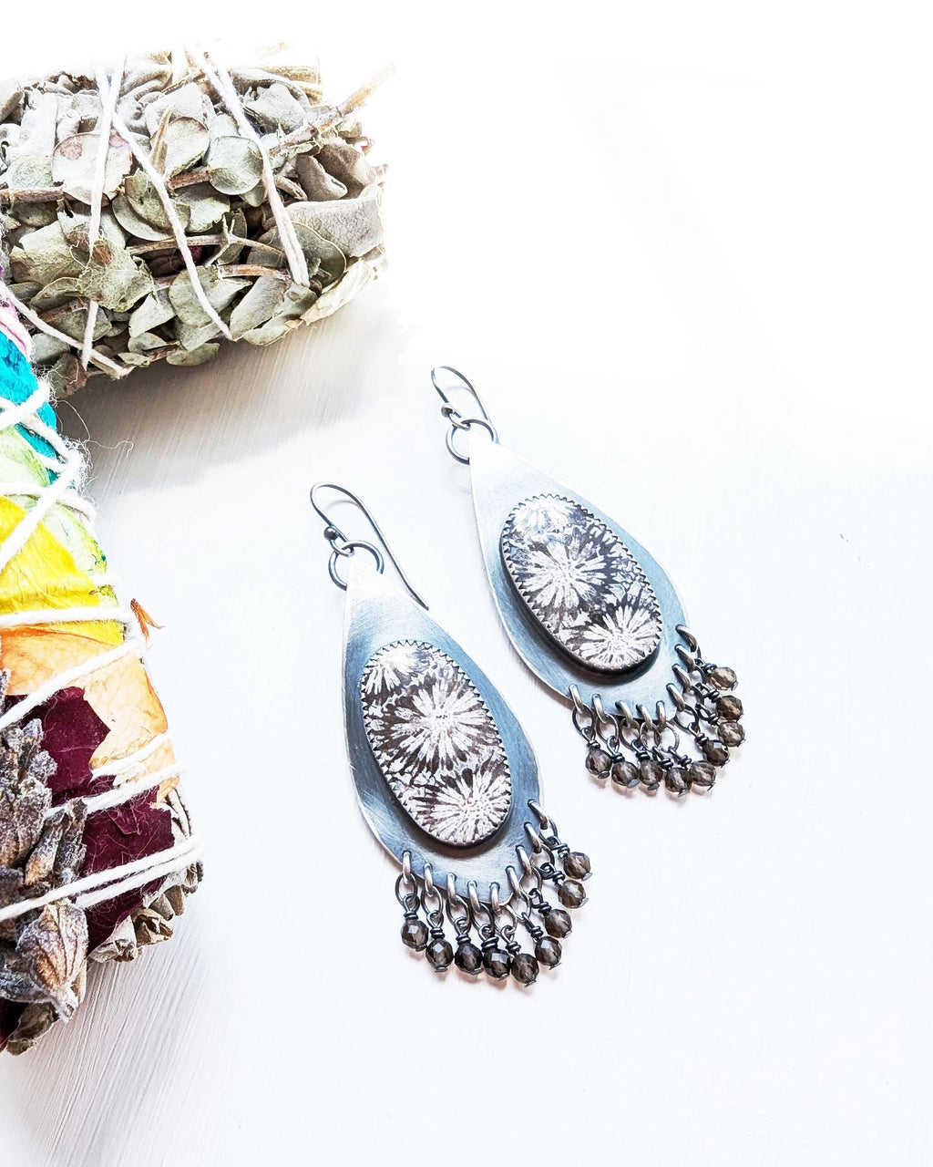 Neutral fossil coral teardrop earrings with quartz fringe