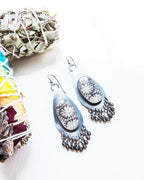 Neutral fossil coral teardrop earrings with quartz fringe