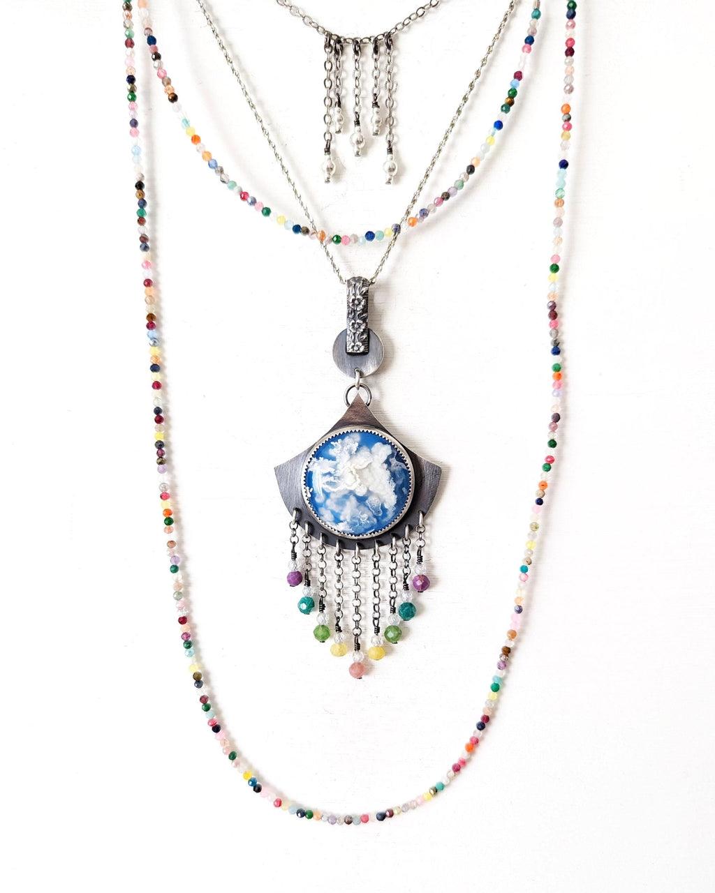 Rainbow gemstone pendant with phosphosiderite, jade, and amazonite fringe