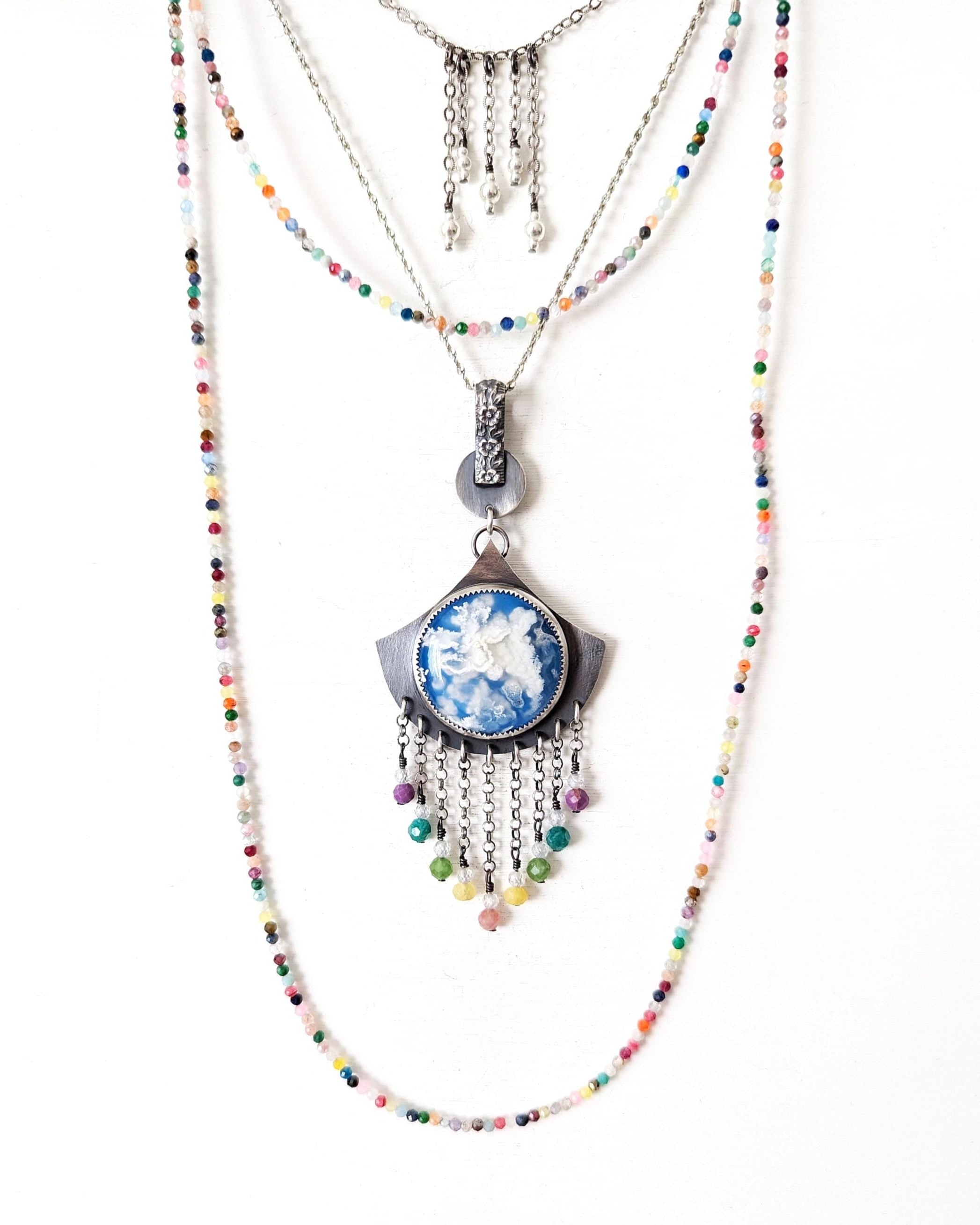 Rainbow gemstone pendant with phosphosiderite, jade, and amazonite fringe