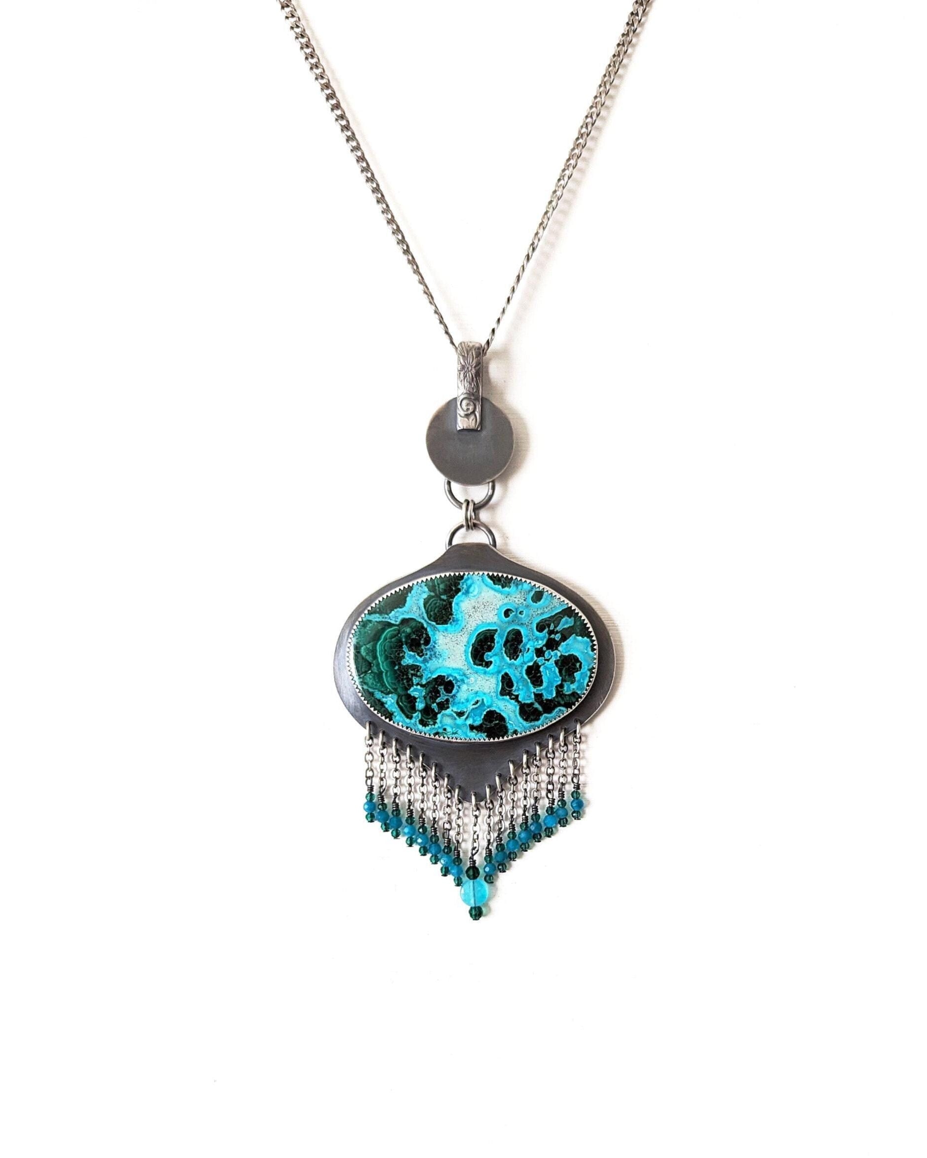 Teal chrysocolla malachite necklace with shimmering green fringe shown on chain (not included)