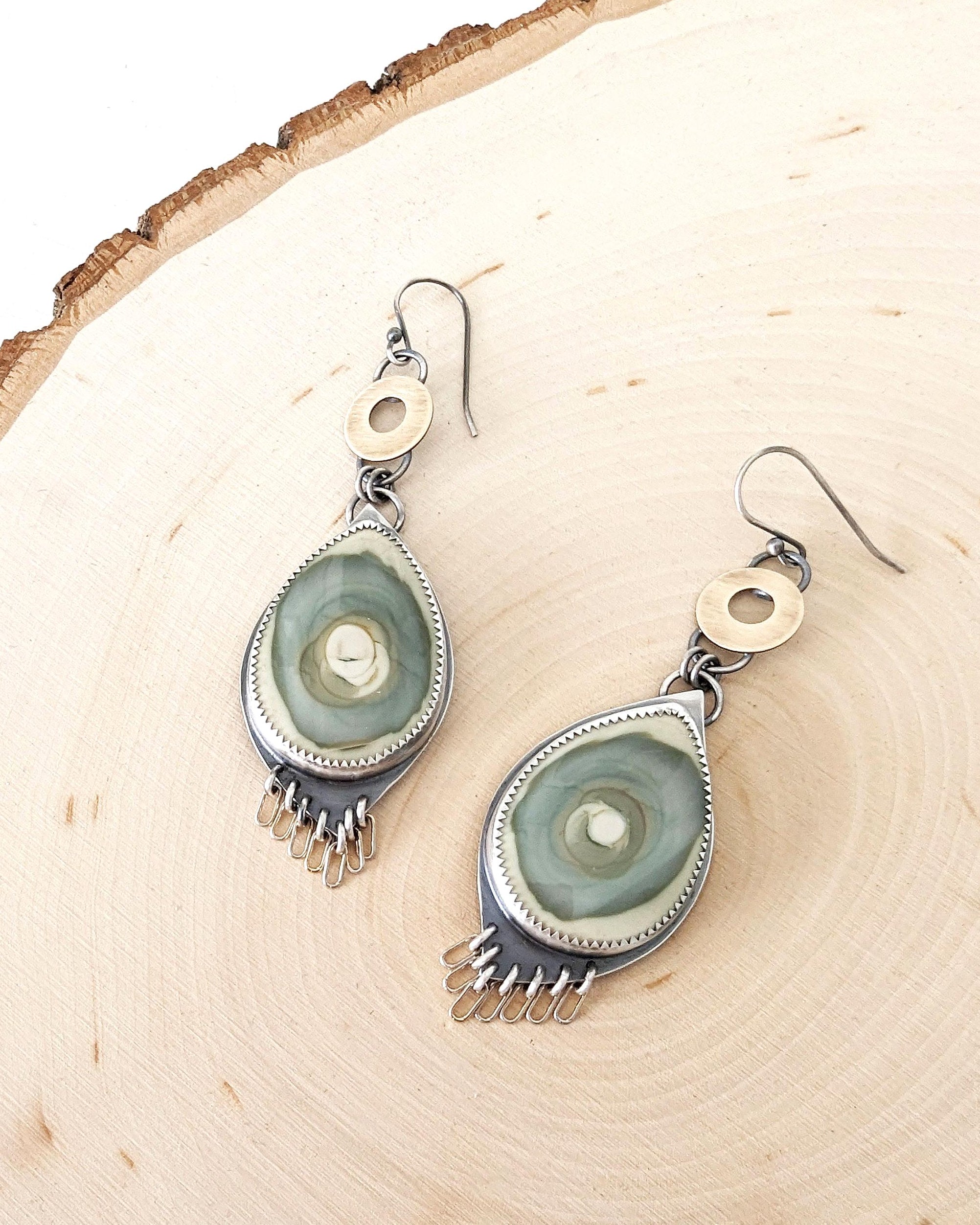 Boho brass and jasper dangle earrings with layered movement