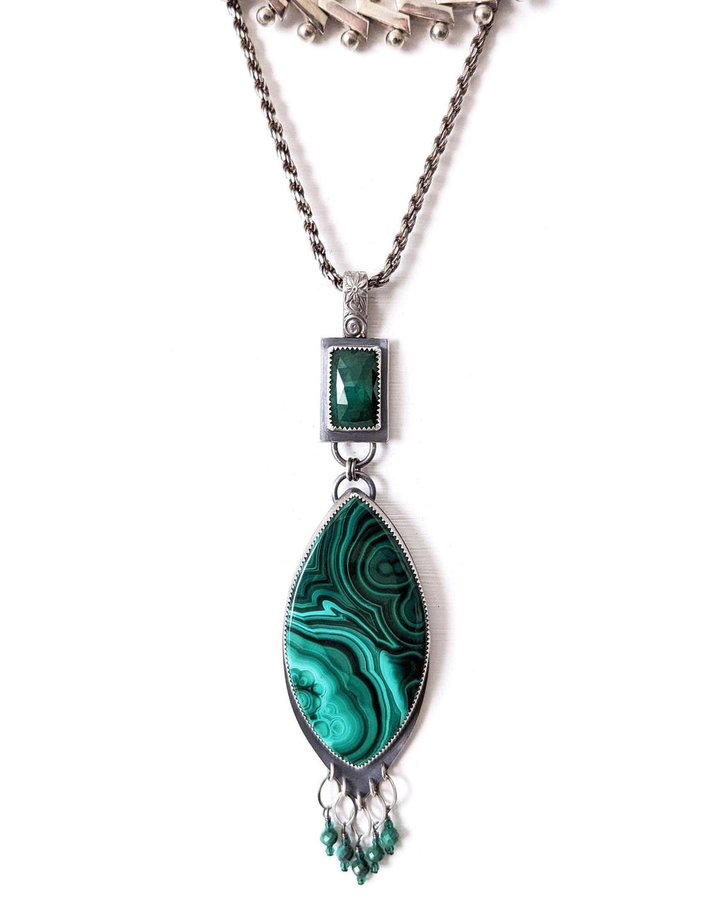 Malachite and emerald statement pendant with green spinel fringe shown on chain (not included)