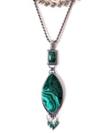 Malachite and emerald statement pendant with green spinel fringe shown on chain (not included)
