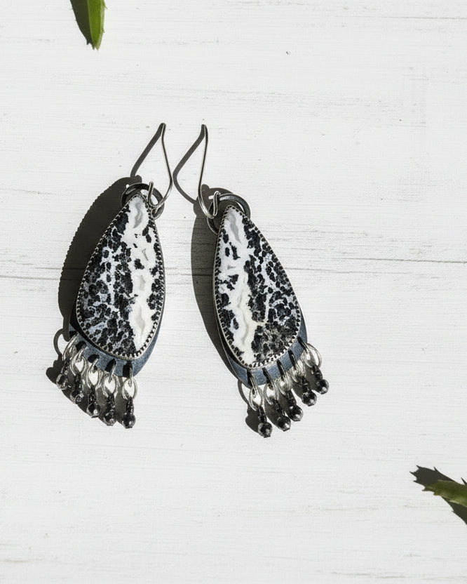 Boho chic statement earrings with palm root agate and silver fringe