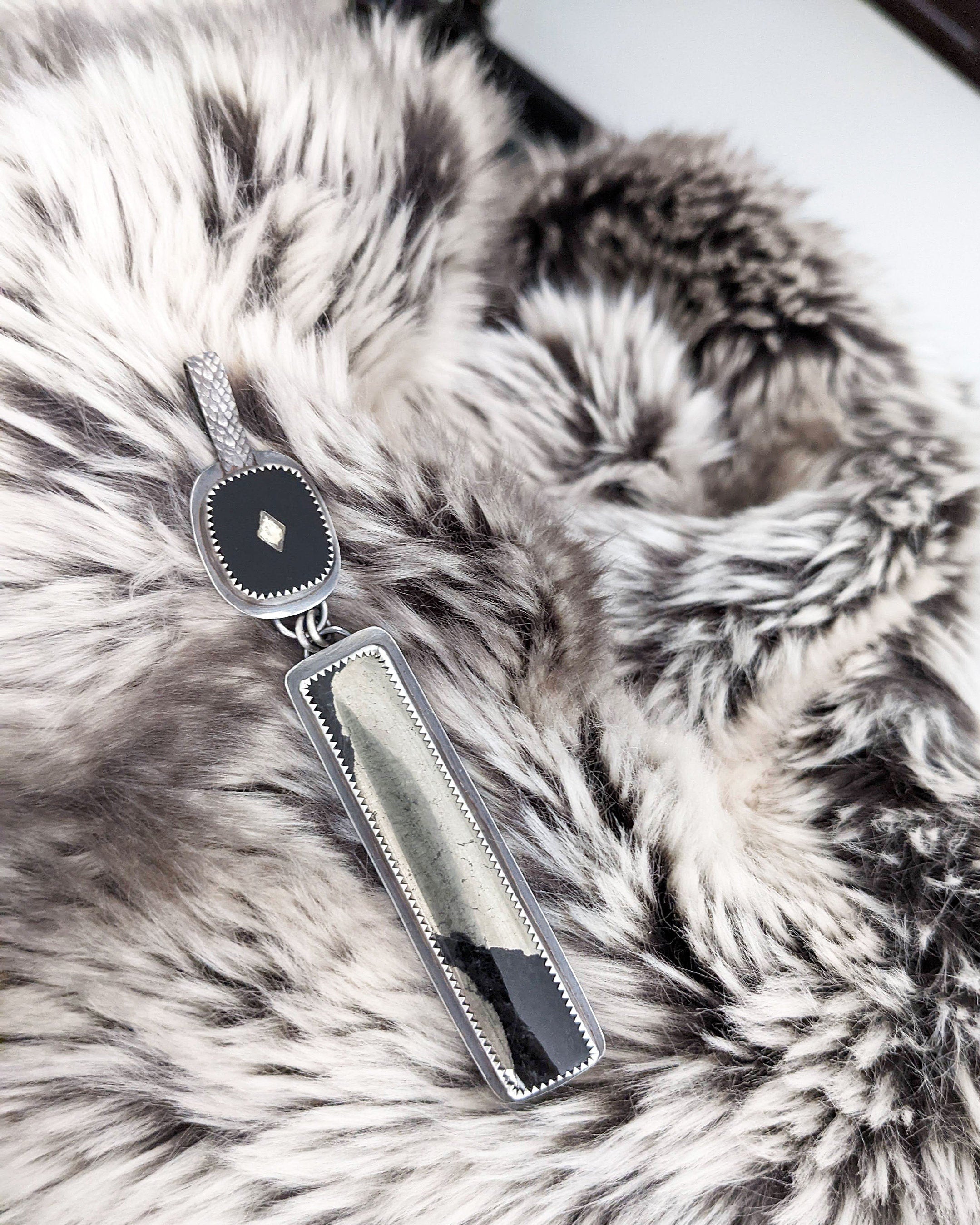 Rectangular metallic pyrite drop in oxidized sterling silver