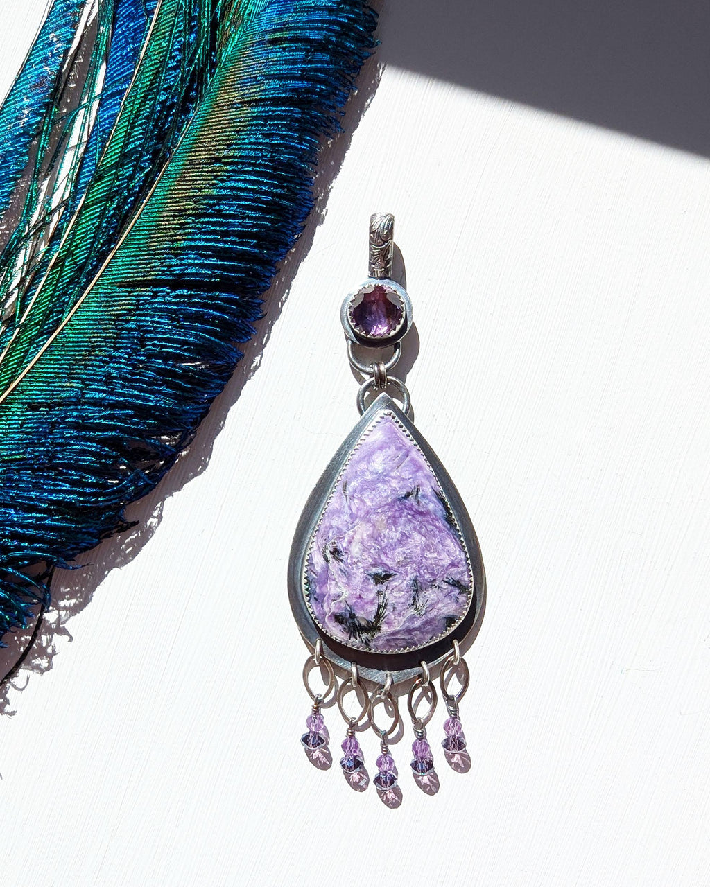 Purple charoite statement pendant in oxidized silver