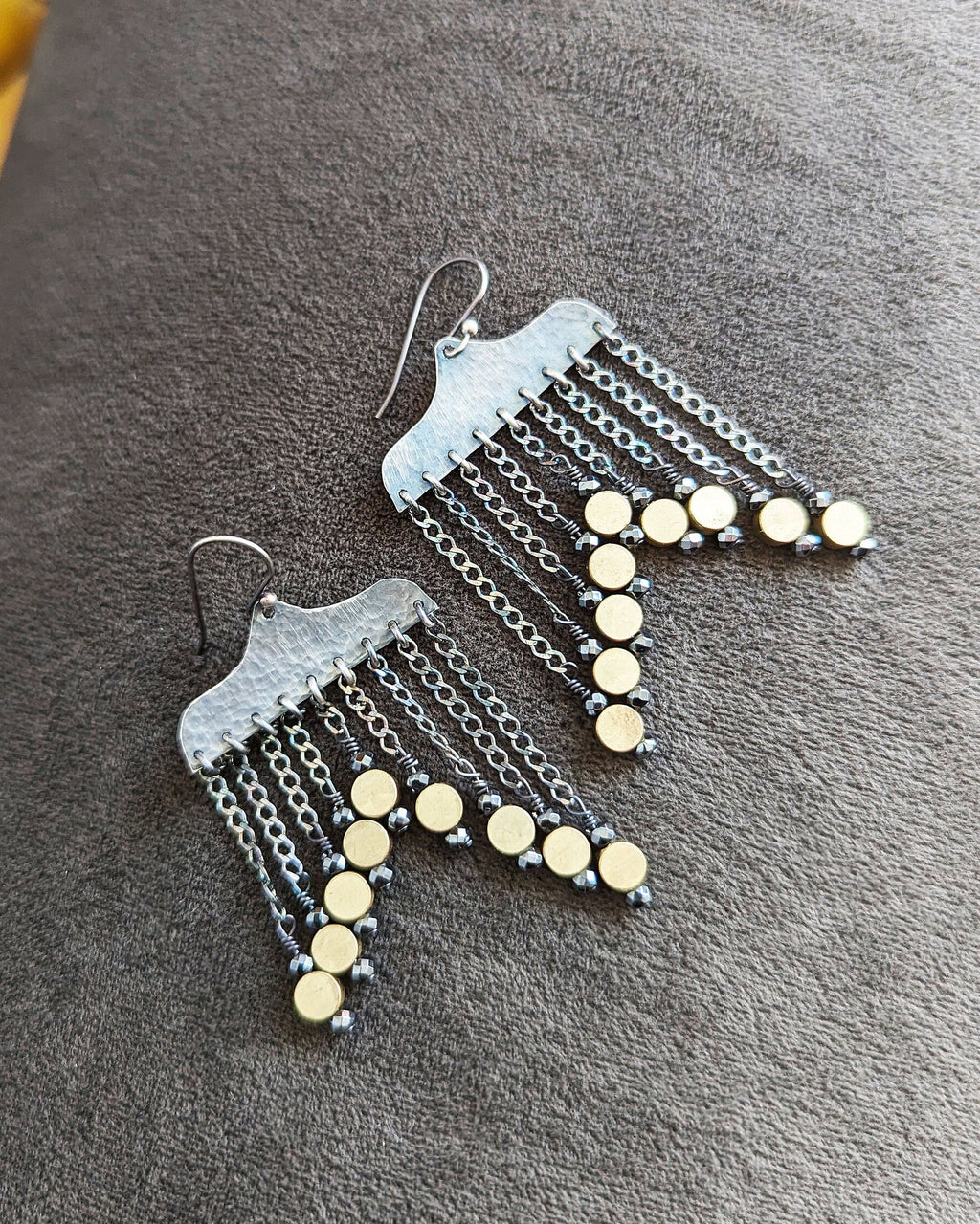 Long boho fringe earrings with shimmering black pyrite beads
