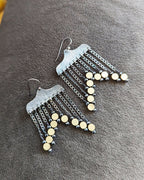 Long boho fringe earrings with shimmering black pyrite beads