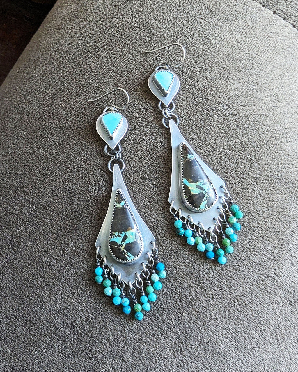 Statement turquoise earrings with mixed blue and green tones
