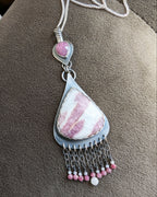 Feminine blush pink gemstone pendant with beaded fringe in sterling silver (chain not included)
