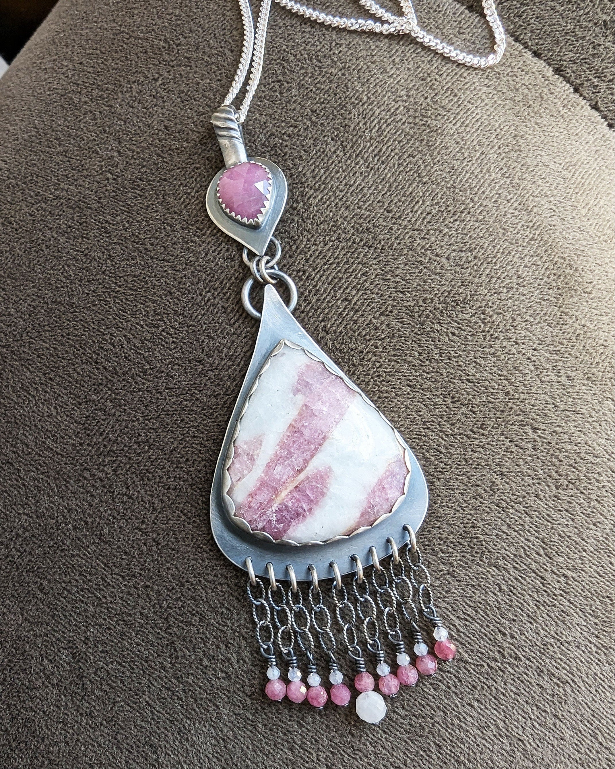 Feminine blush pink gemstone pendant with beaded fringe in sterling silver (chain not included)