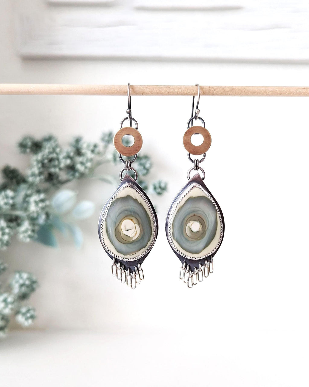 Imperial jasper double-drop earrings with handmade brass fringe