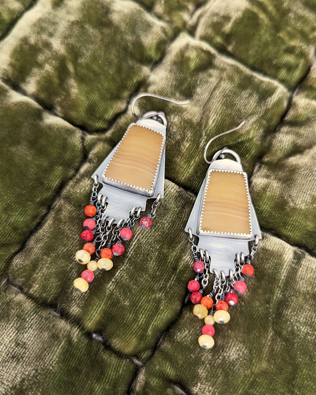Bohemian festival earrings with mixed pink and orange bead textures