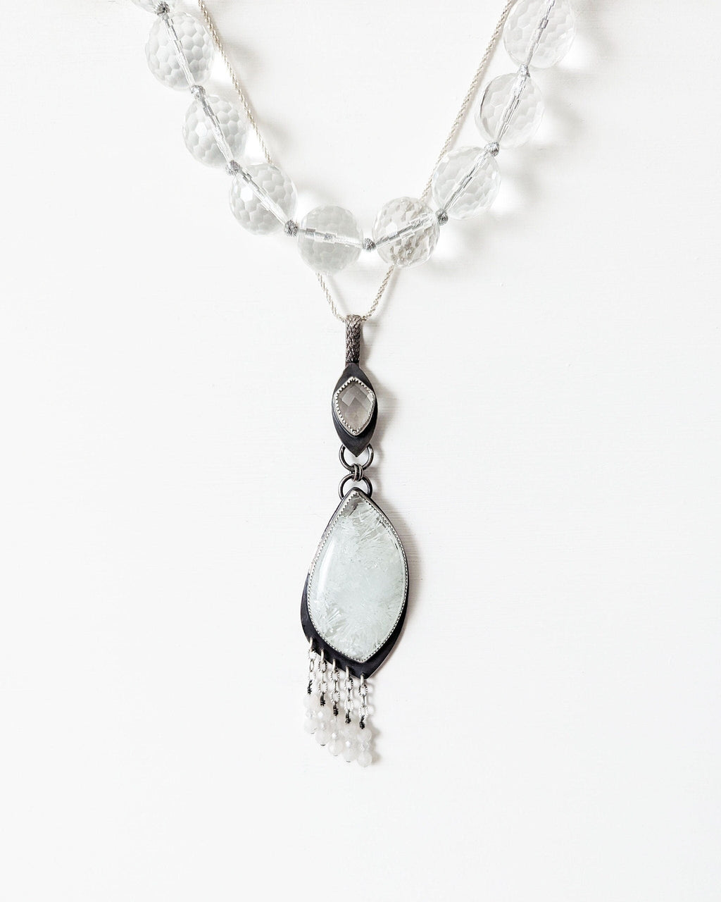 Modern boho quartz pendant with asymmetrical design and oxidized silver