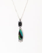 Opalized wood pendant with vintage black glass on chain (not included)