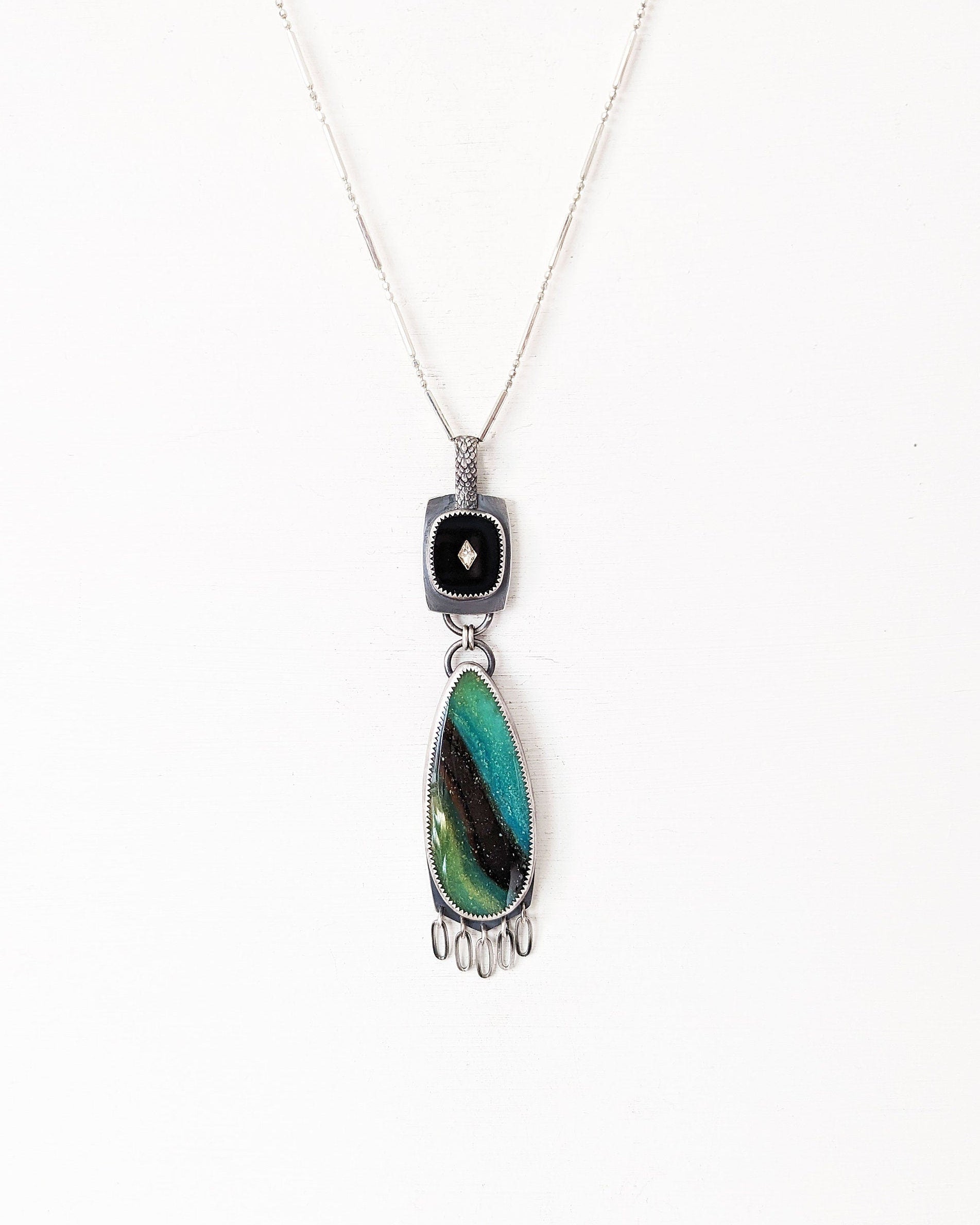 Opalized wood pendant with vintage black glass on chain (not included)
