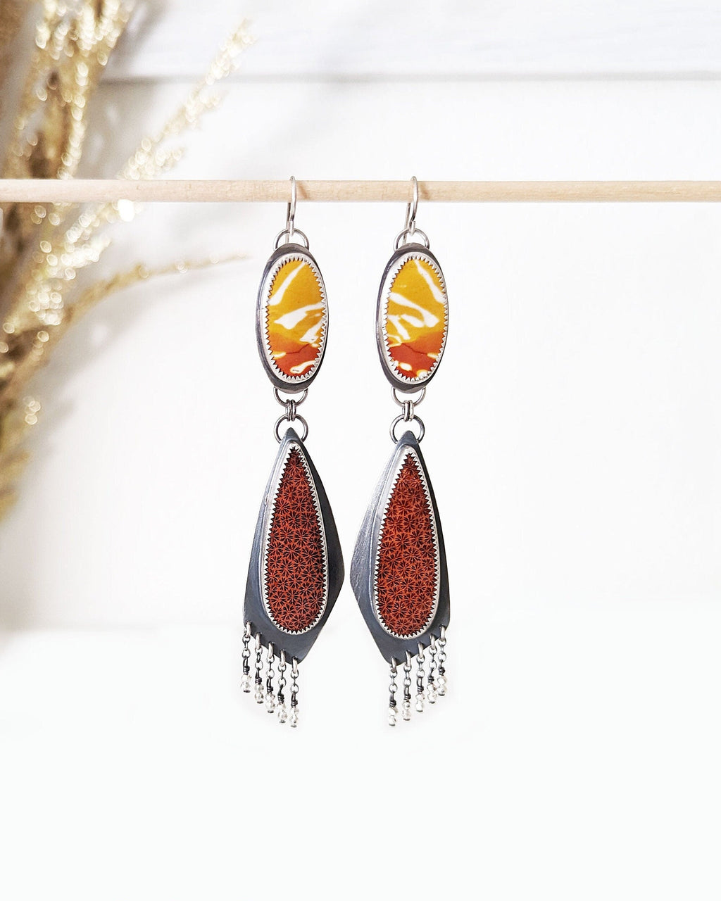 Fire Crush double stone earrings with mookaite jasper and fossilized red coral in oxidized silver
