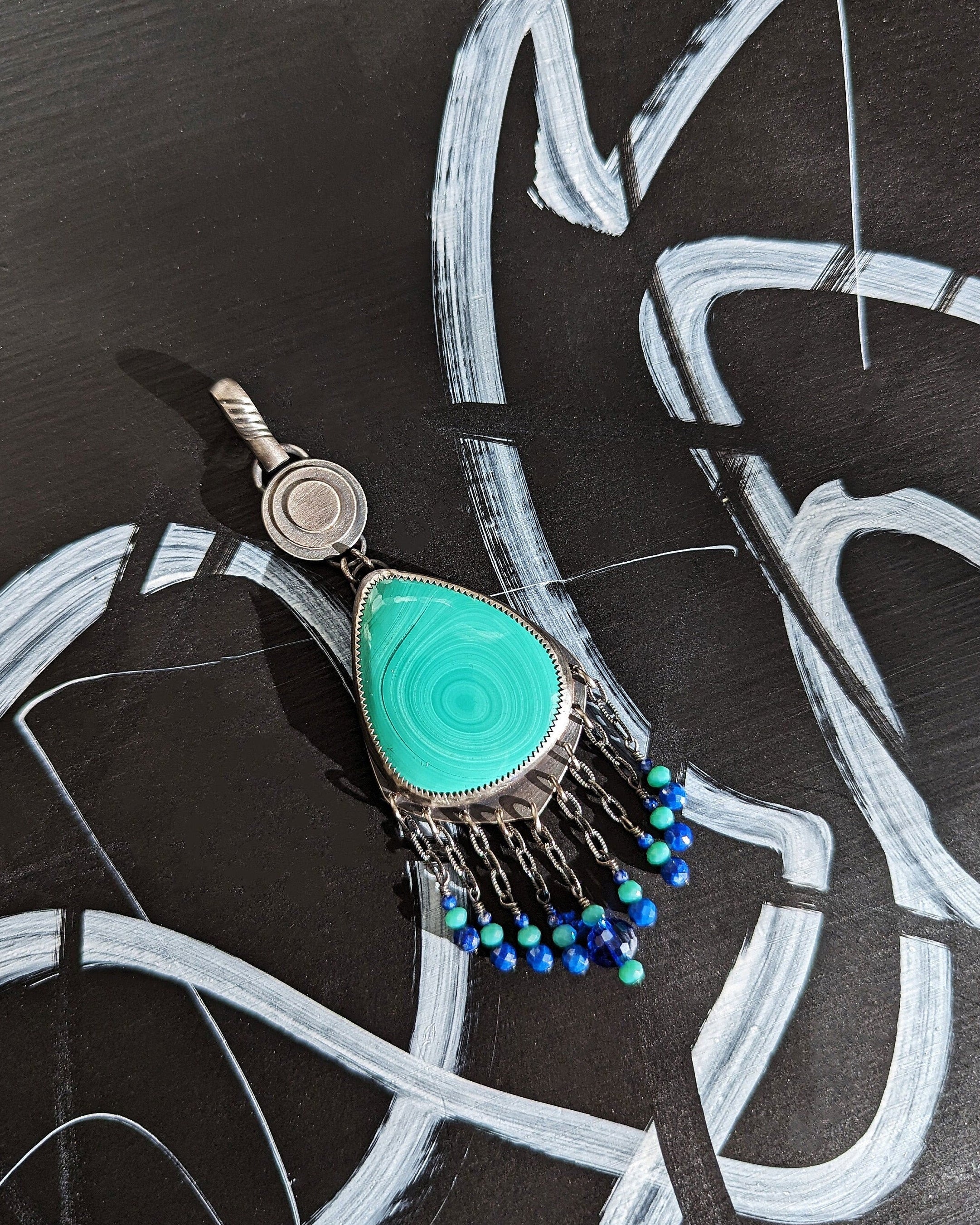 large malachite pendant in oxidized sterling silver with layered coin bail
