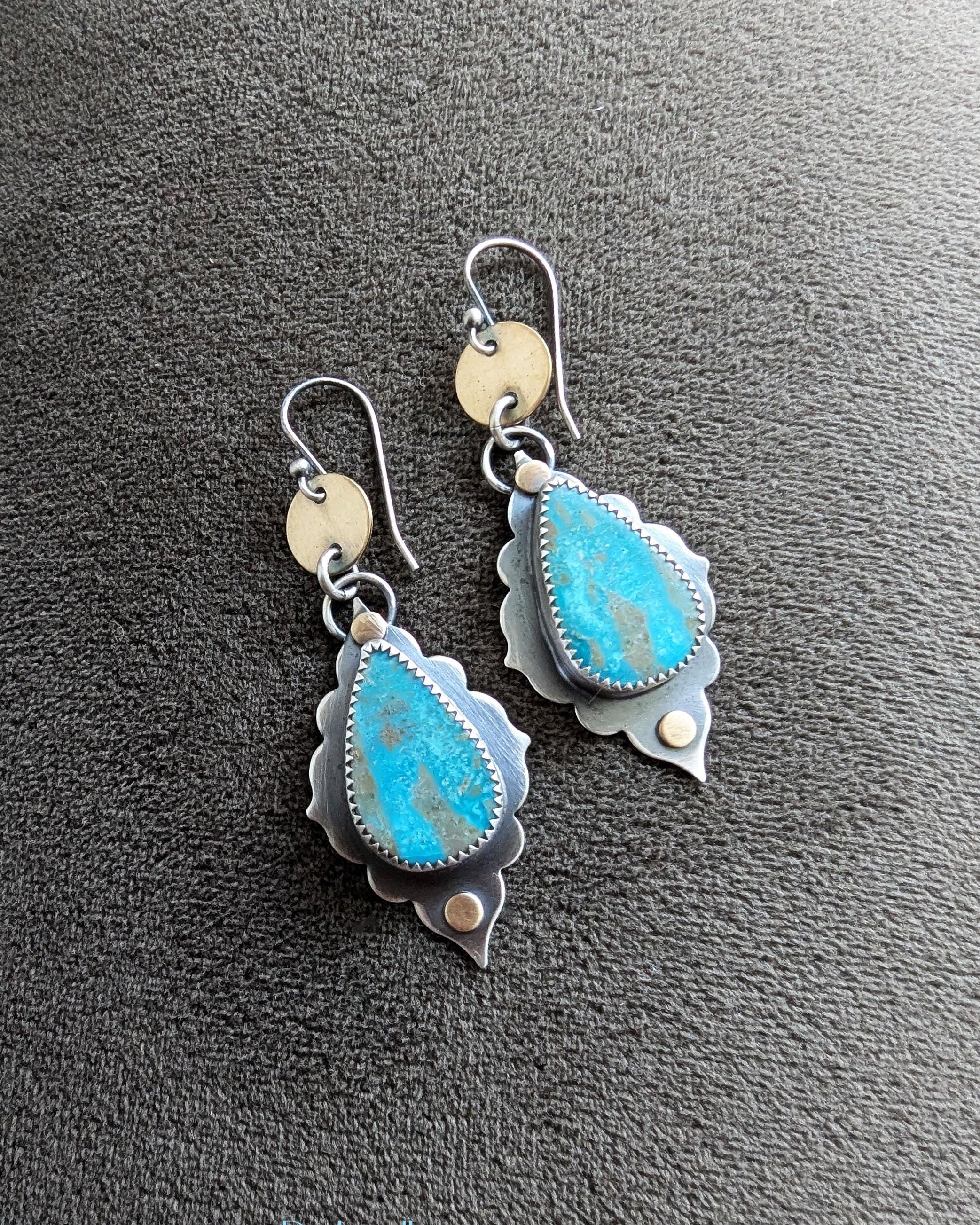Turquoise and grey jasper baroque earrings with brass accents