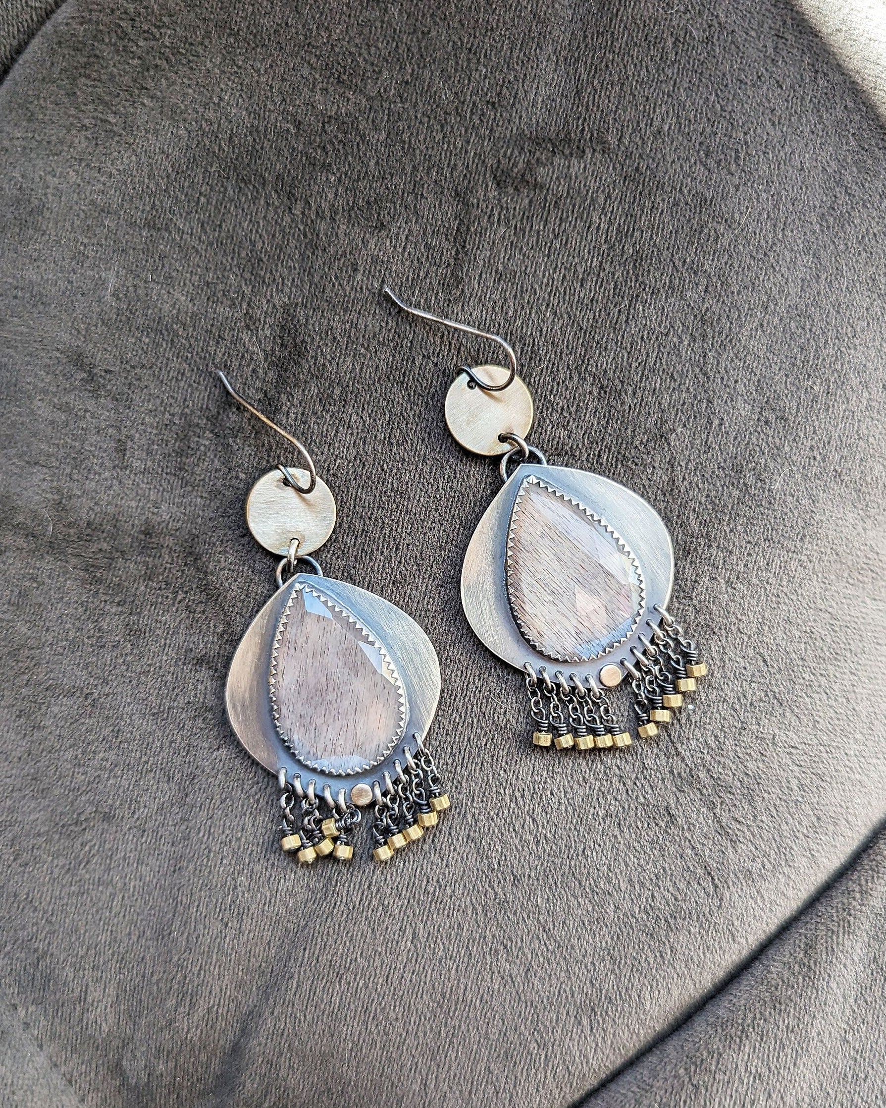 Rose cut pear shaped moonstone earrings with copper rutile inclusions