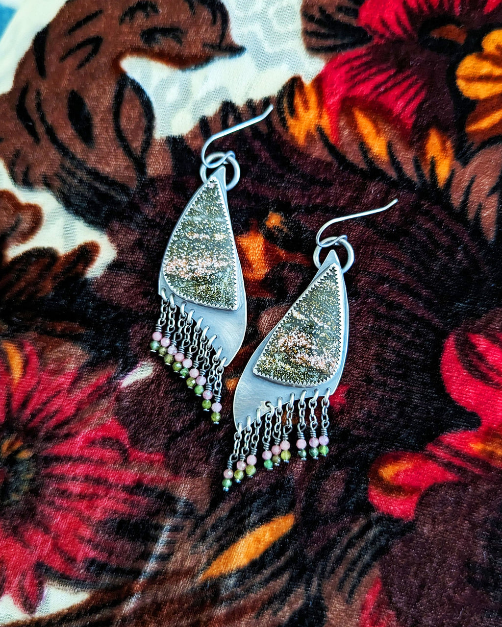 Whimsical artisan earrings featuring natural ocean jasper