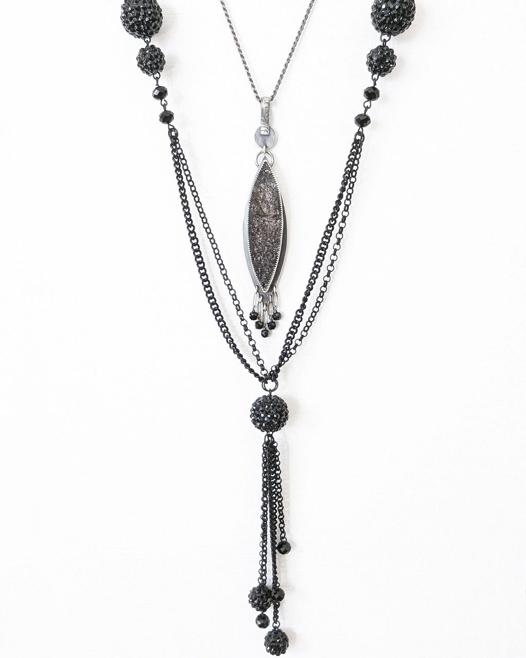 Oxidized sterling silver statement pendant with black tourmaline inclusions on chain with layering necklace for styling (not included)
