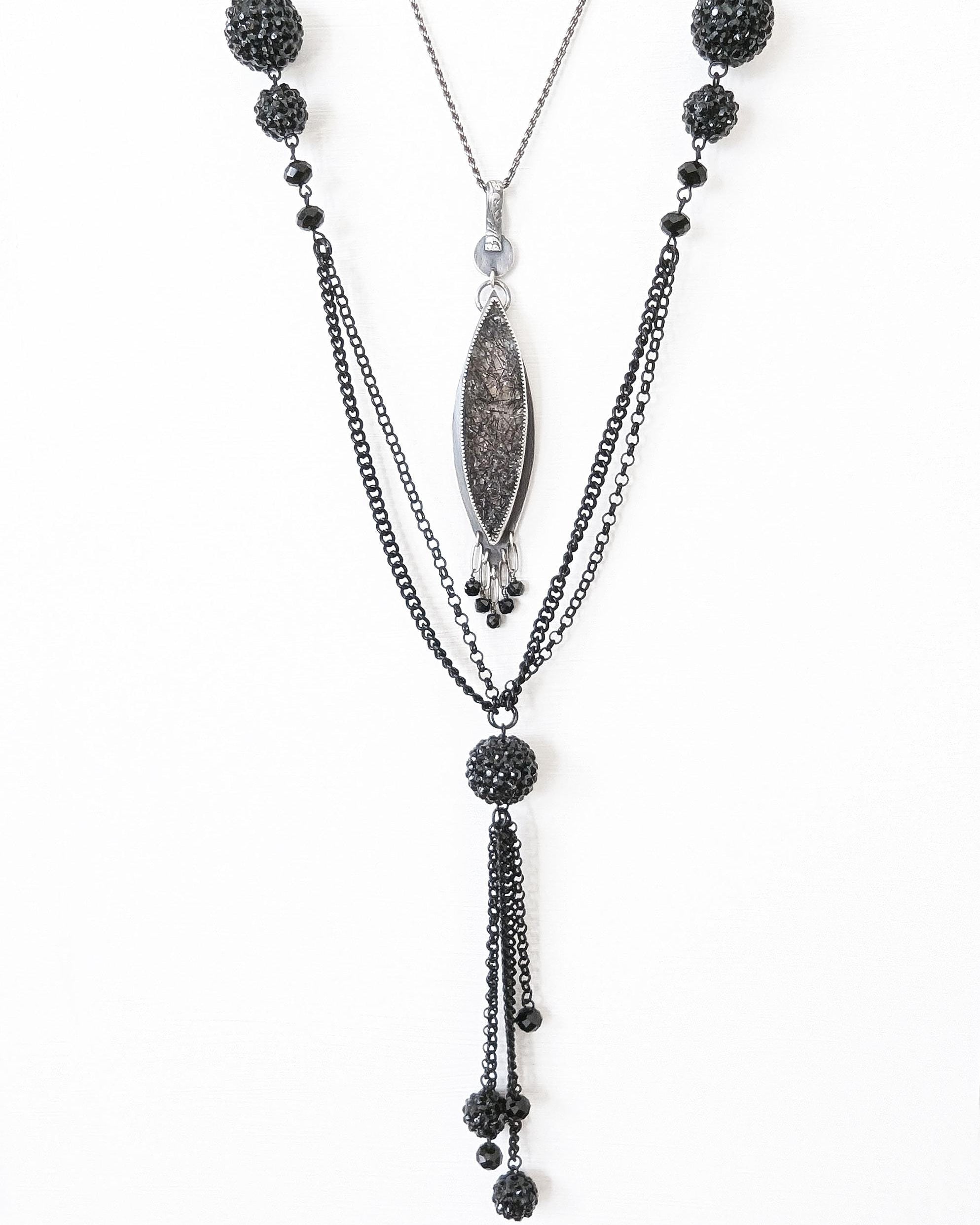 Oxidized sterling silver statement pendant with black tourmaline inclusions on chain with layering necklace for styling (not included)