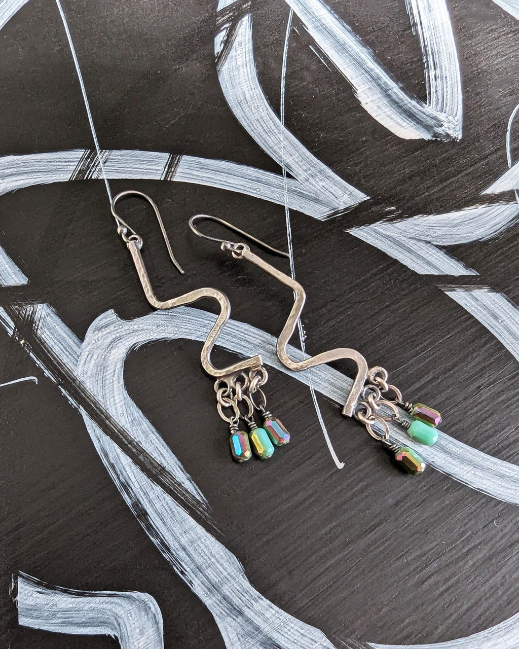 Turquoise AB crystal fringe earrings in oxidized sterling silver