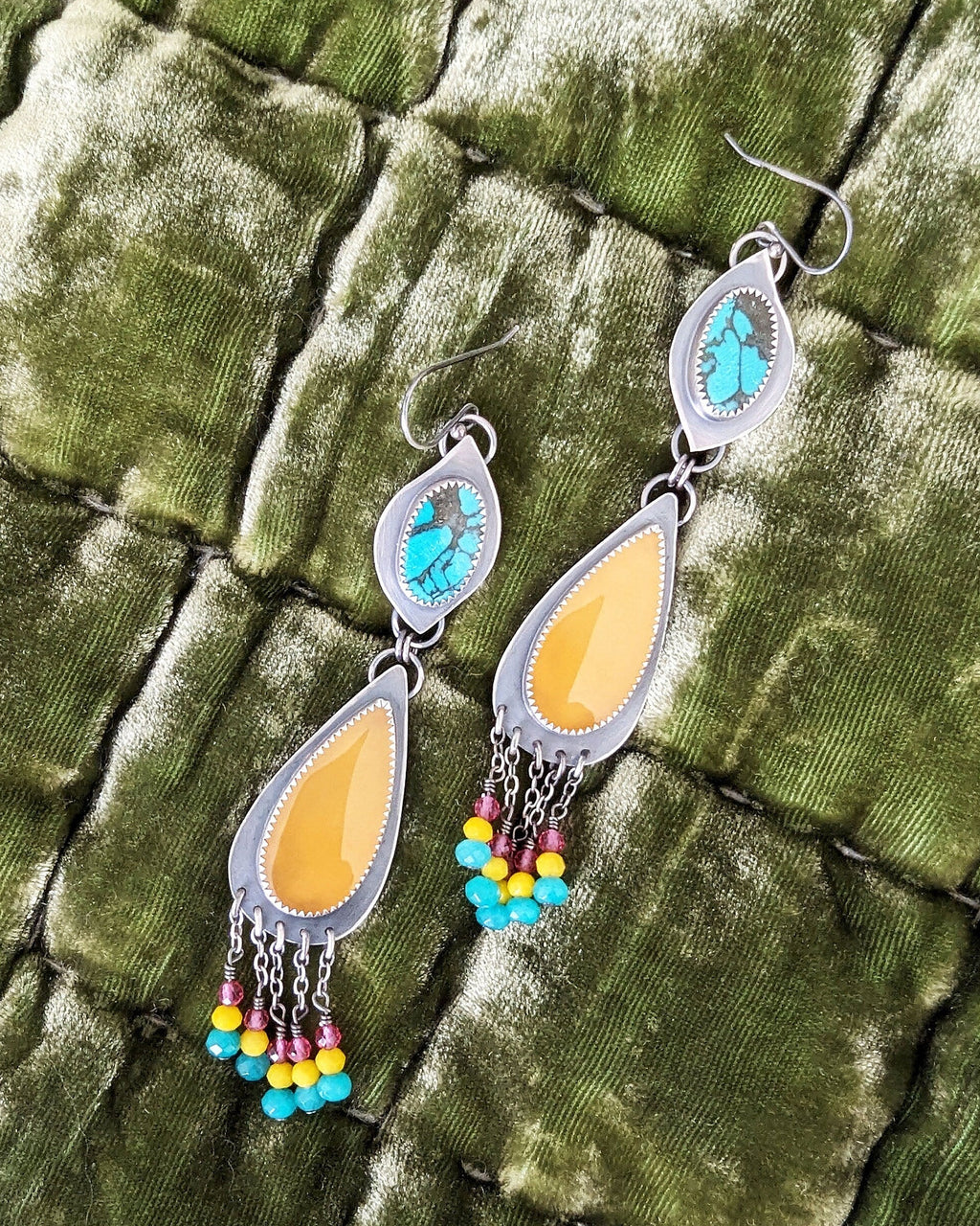 Colorful bohemian earrings with turquoise calcite and crystal accents