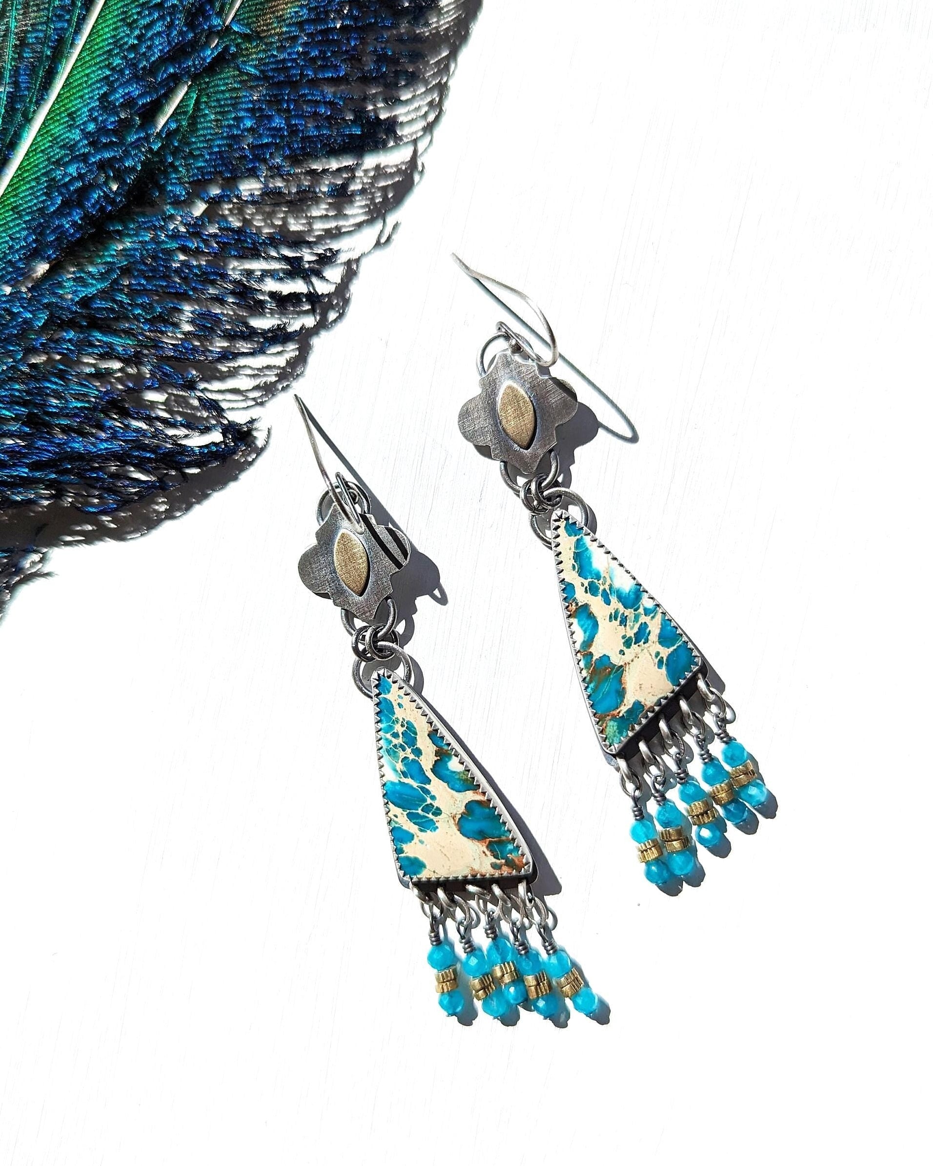 Amazonite and vintage brass fringe in oxidized sterling silver