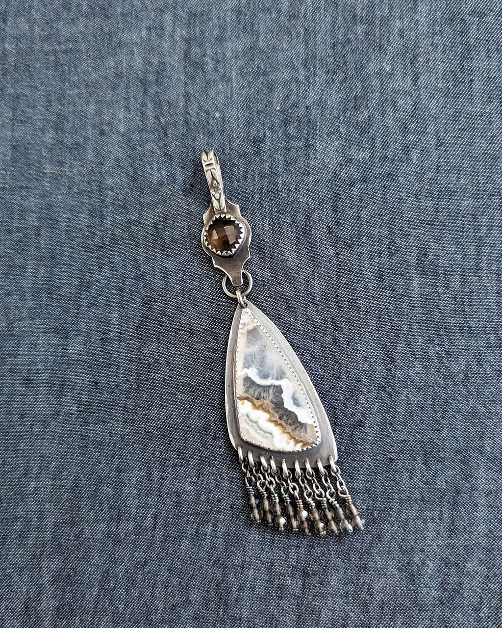 White lace agate pendant with rose cut smoky quartz bail