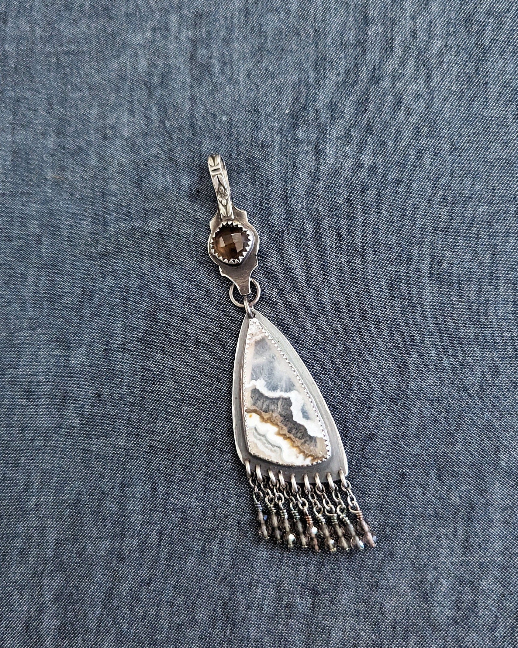 White lace agate pendant with rose cut smoky quartz bail