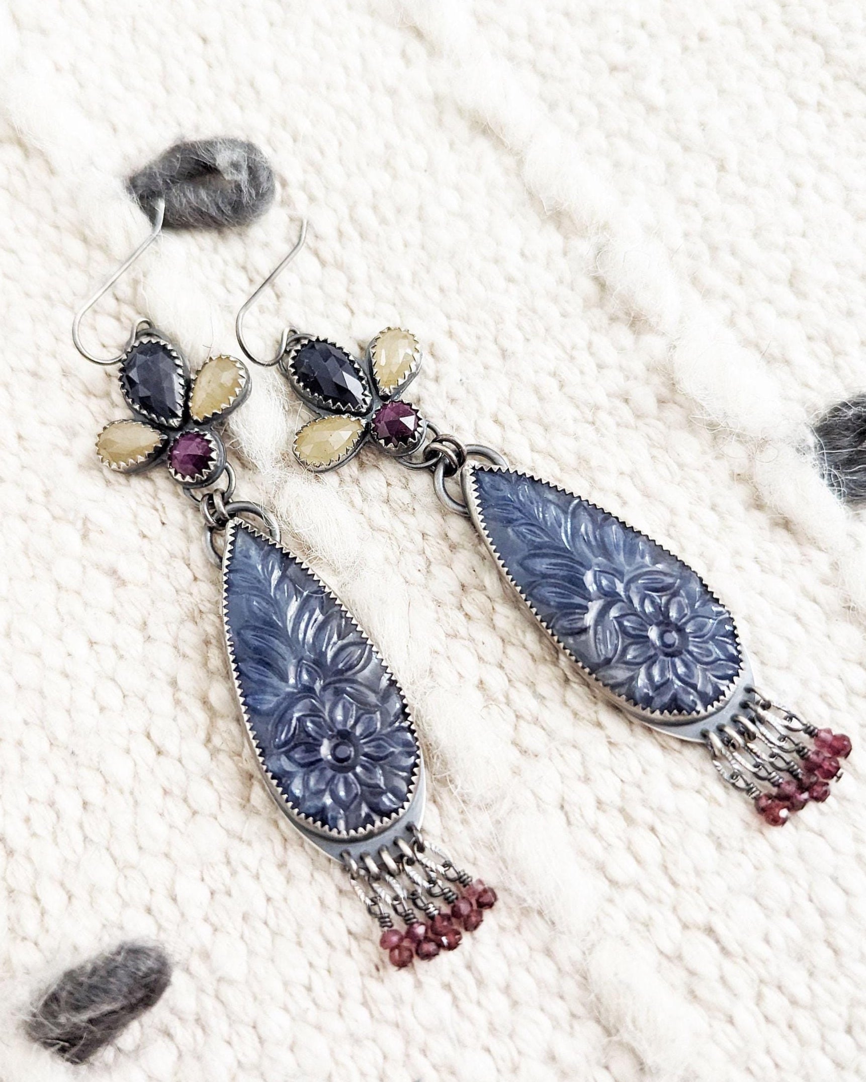 Long teardrop oxidized sterling silver statement earrings