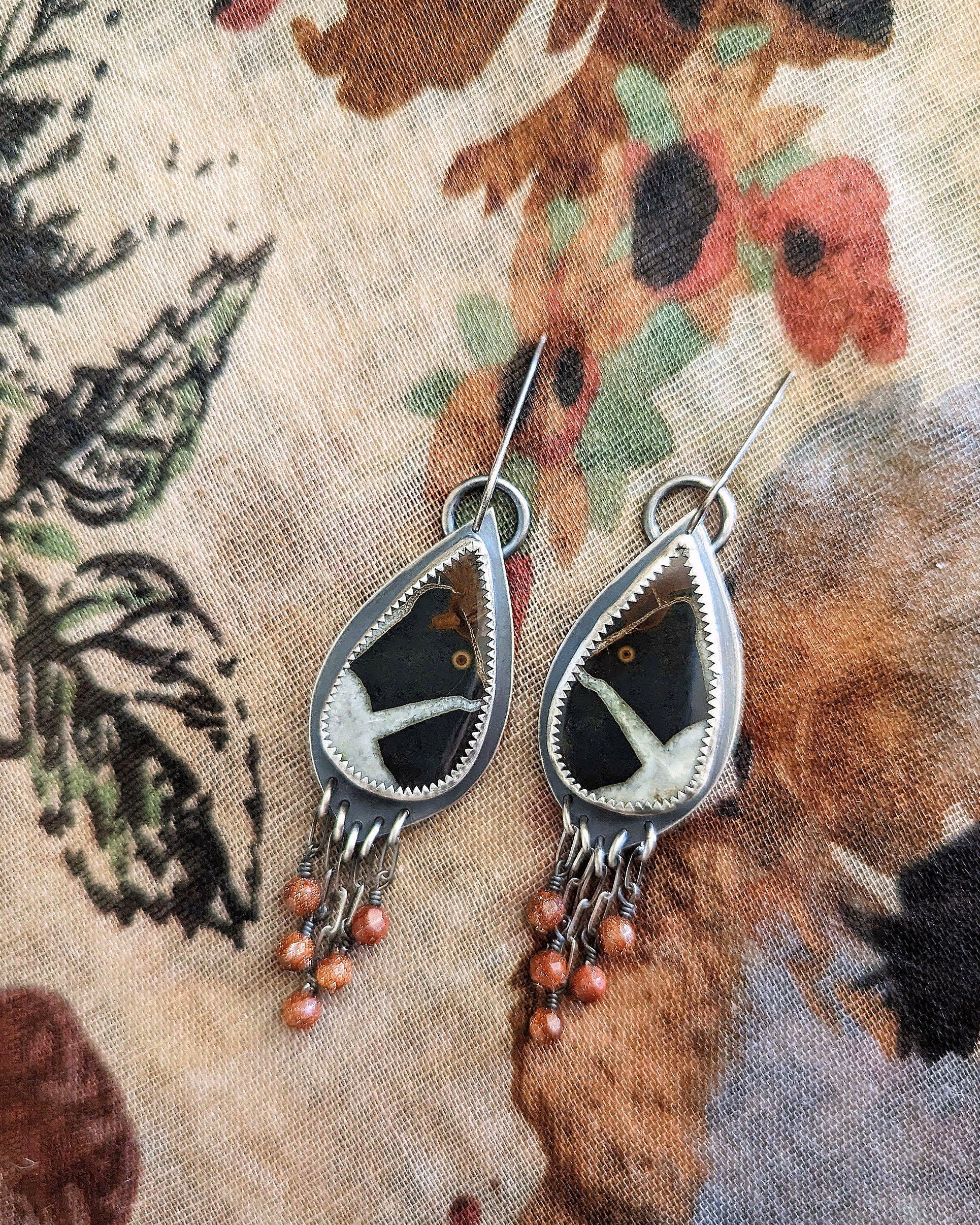 Fossil jewelry earrings with goldstone bead sparkle