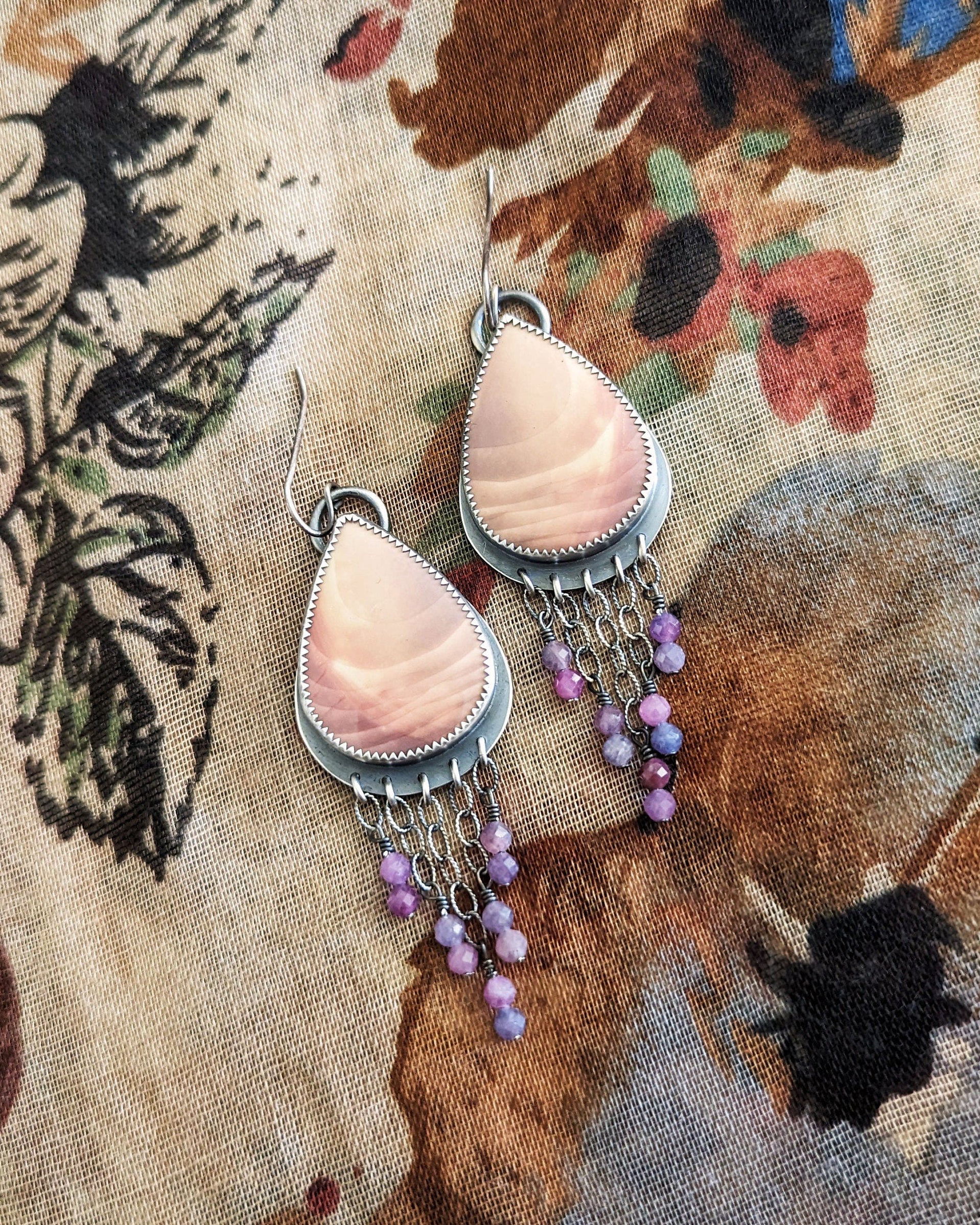 Artisan handmade jasper earrings with purple sapphire bead fringe