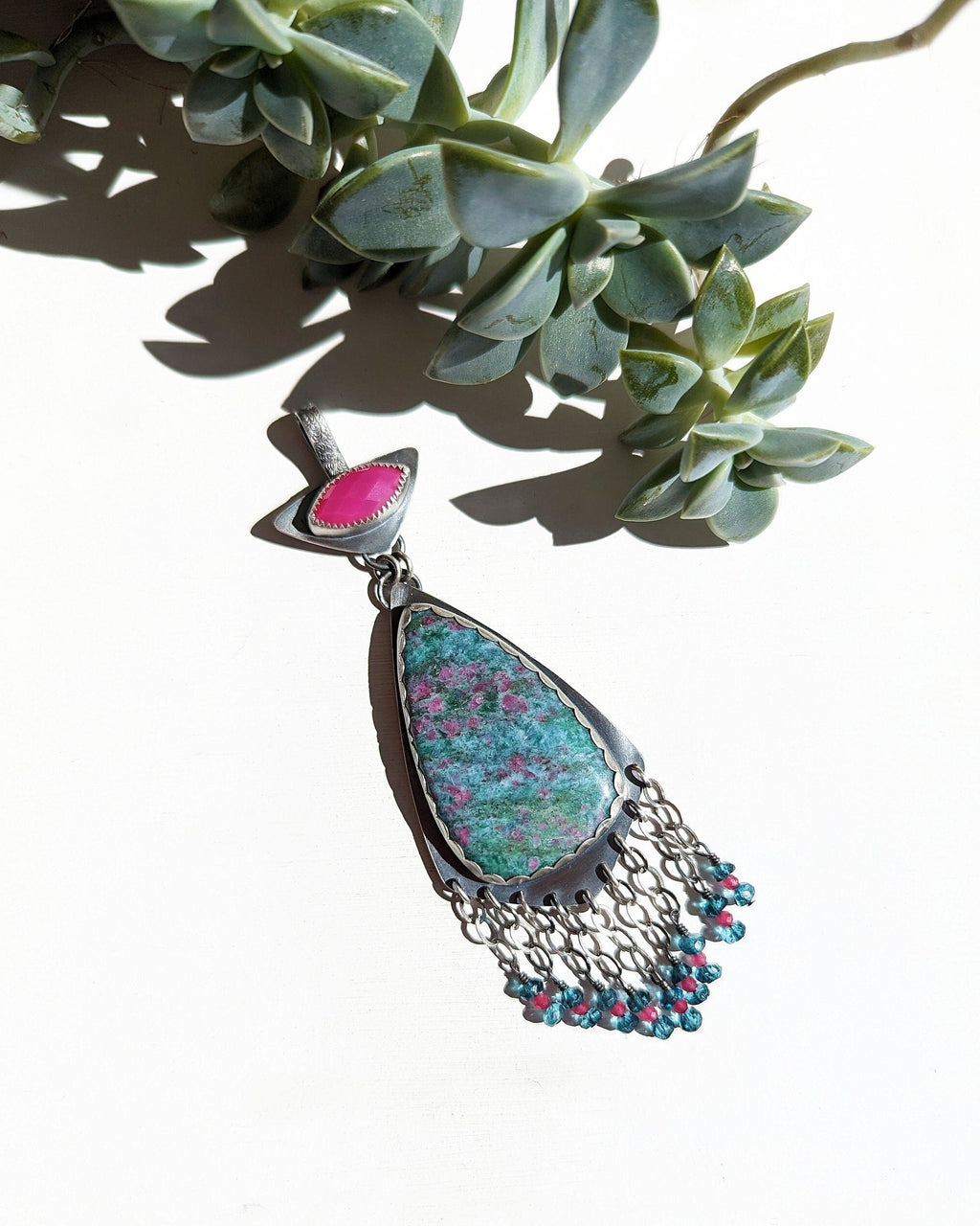 Ruby in kyanite pendant with hot pink chalcedony bail in oxidized sterling silver