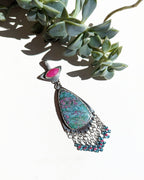 Ruby in kyanite pendant with hot pink chalcedony bail in oxidized sterling silver