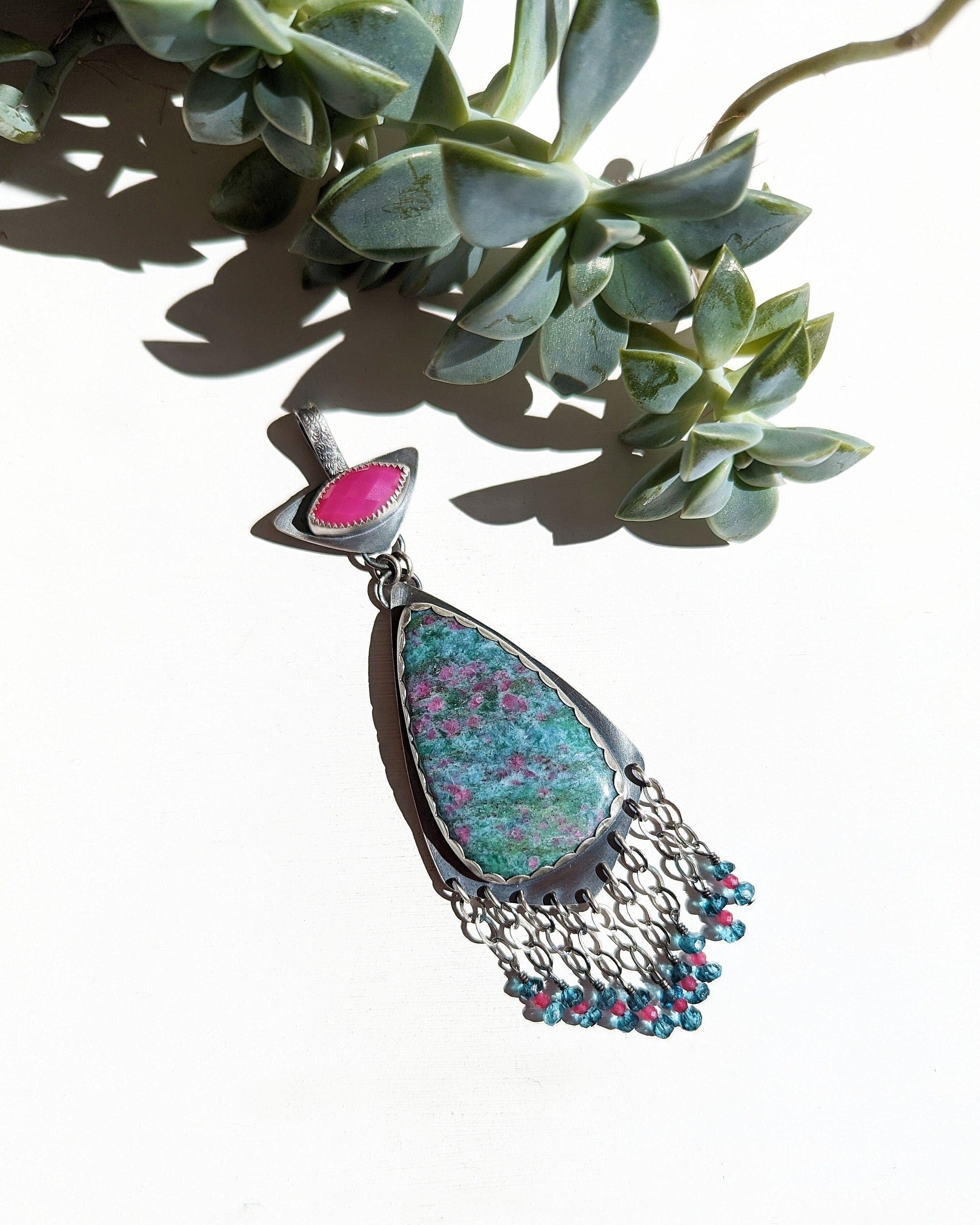 Ruby in kyanite pendant with hot pink chalcedony bail in oxidized sterling silver