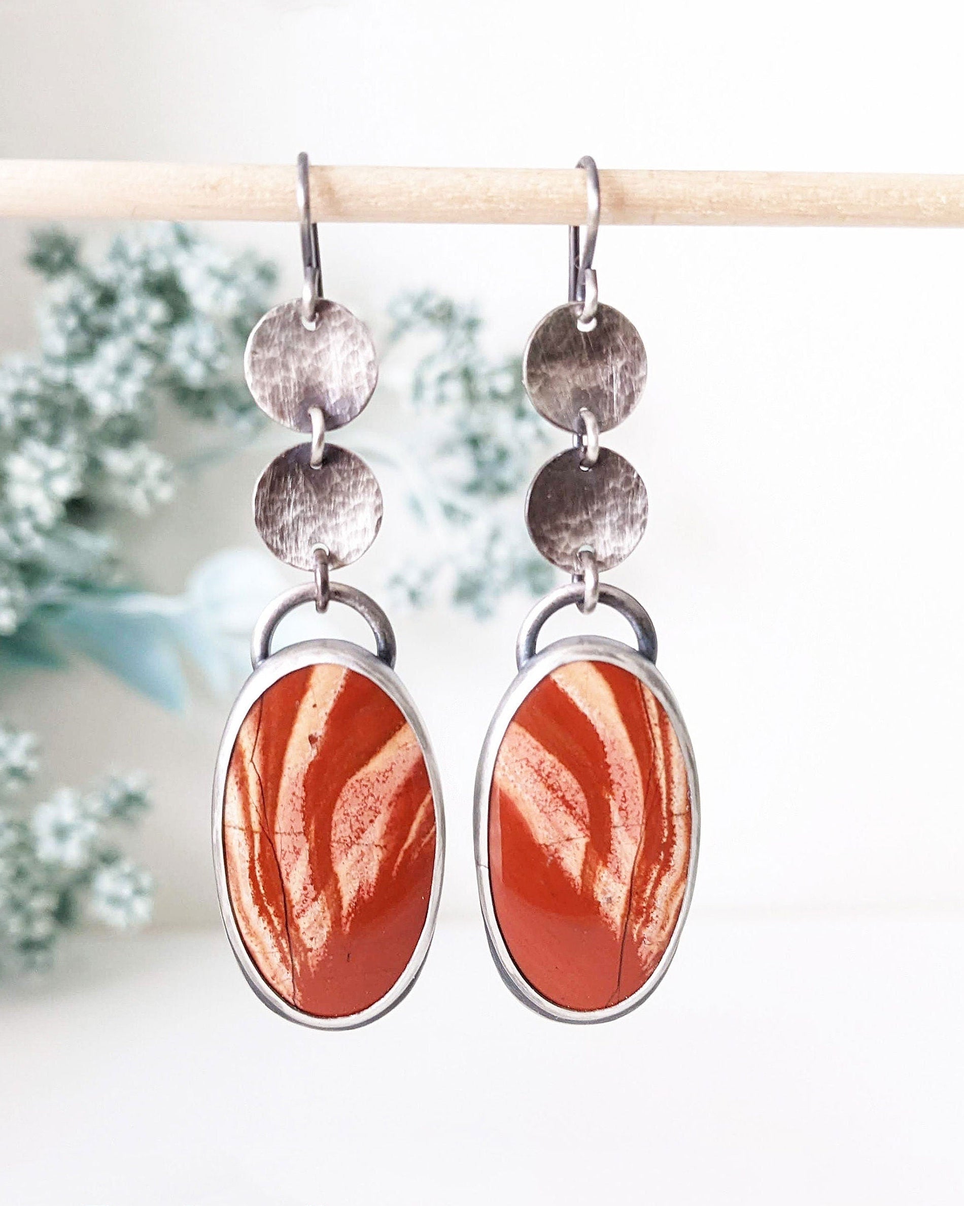 Rainbow jasper drop earrings with hammered oxidized sterling silver discs