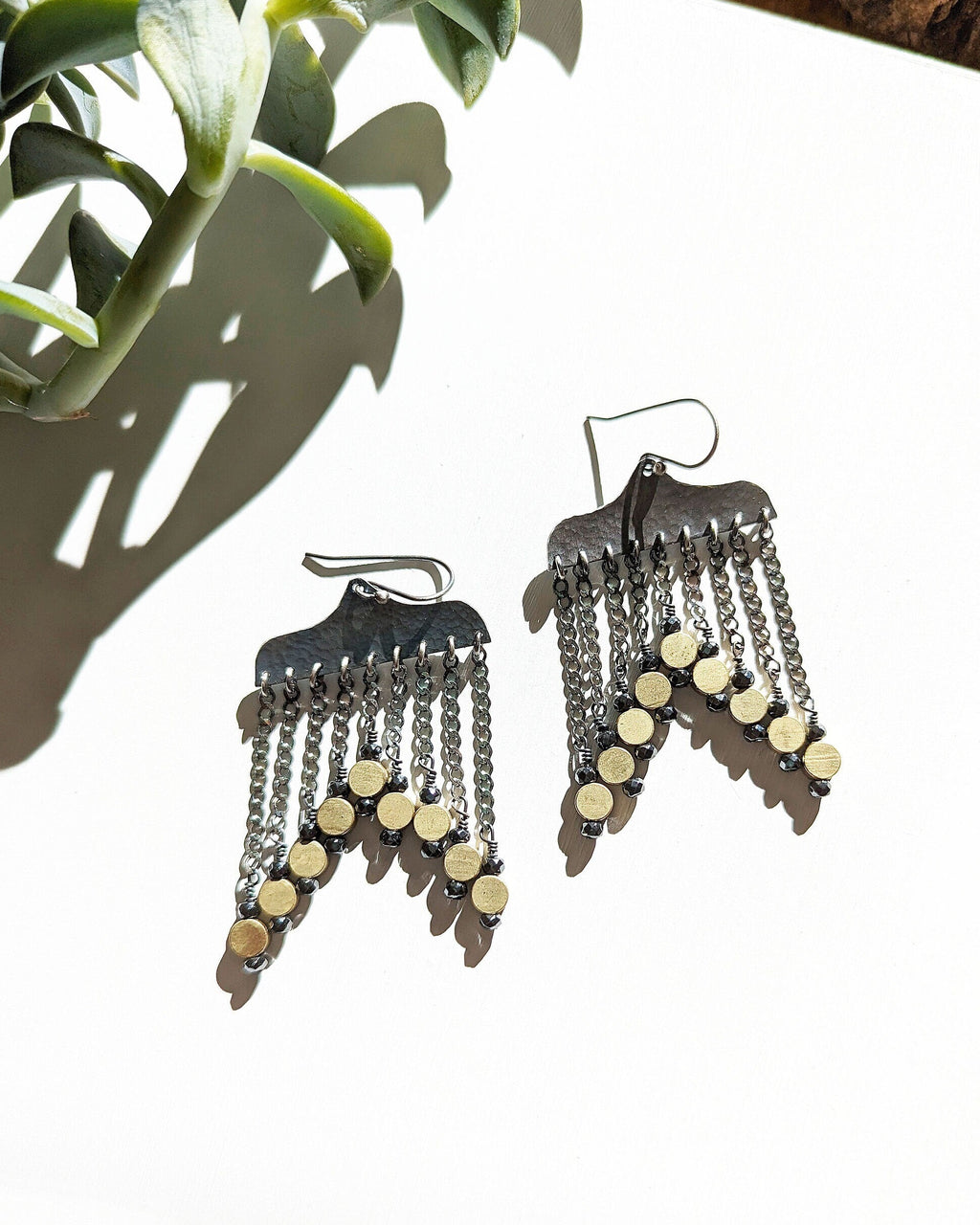 Black pyrite and brass heishi fringe earrings in oxidized sterling silver