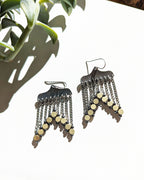 Black pyrite and brass heishi fringe earrings in oxidized sterling silver