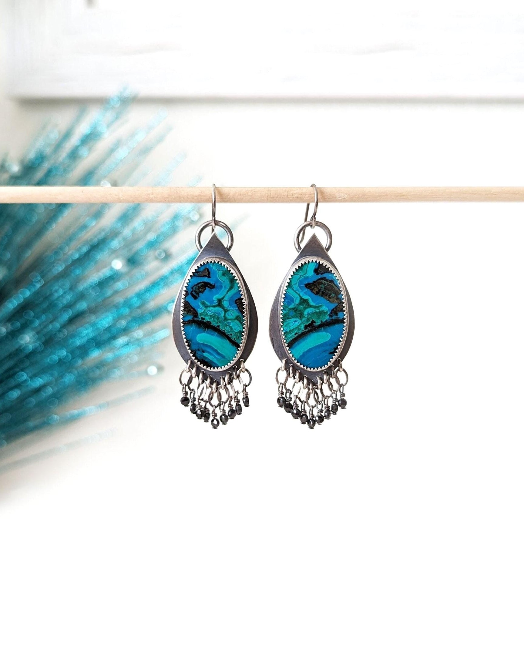 Chrysocolla malachite earrings in oxidized sterling silver