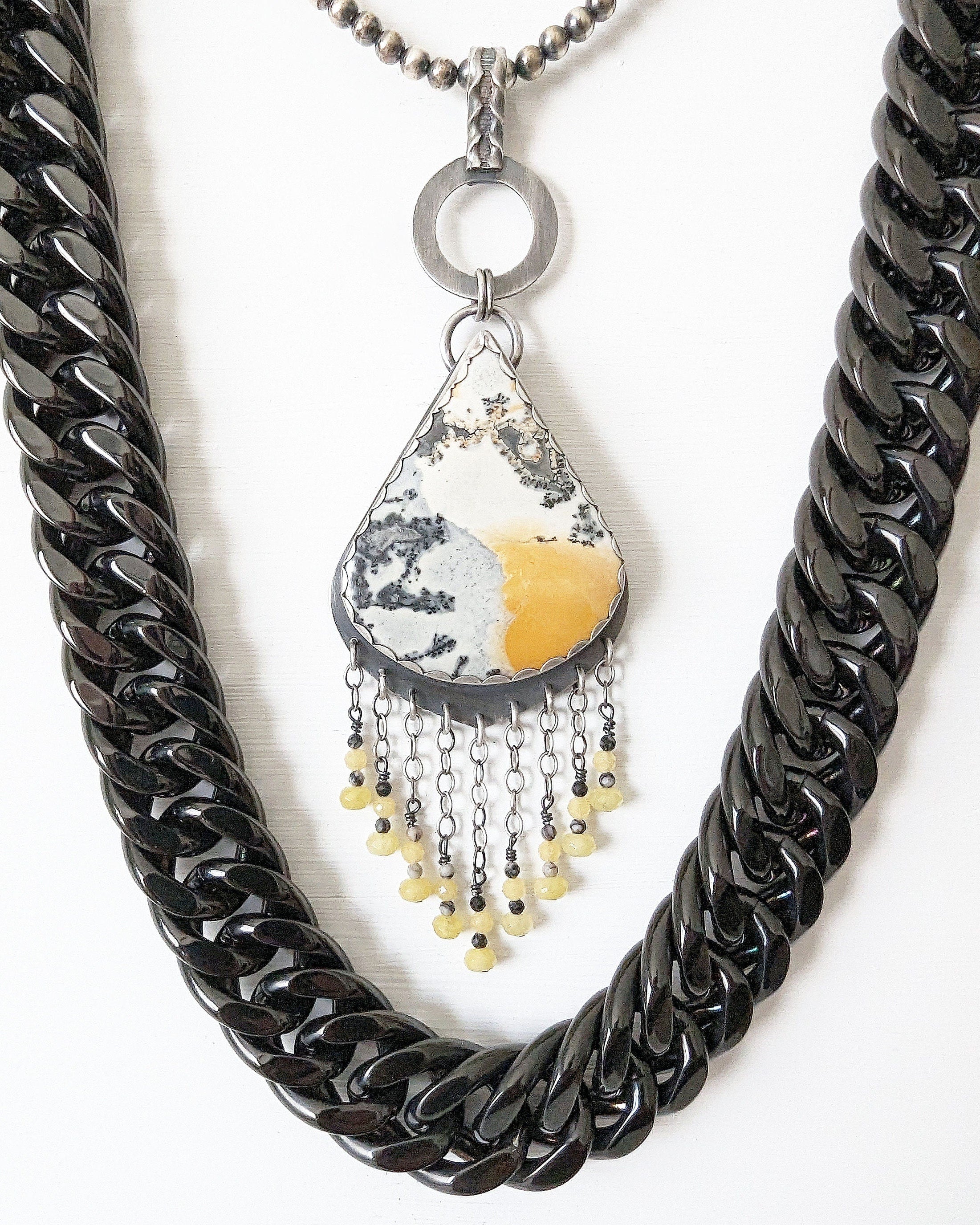 Southwestern inspired artisan gemstone pendant shown with layering neckache and on chain (not included)
